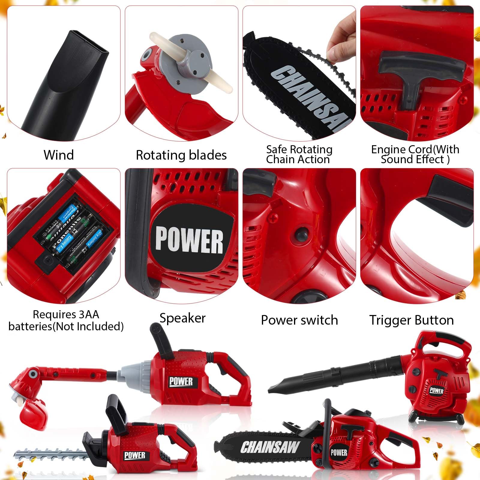 4-Piece Kids Gardening Tool Set - Toy Leaf Blower, Lawn Trimmer, Chainsaw & Lawn Cutter with Battery - Pretend Play Outdoor Toys for Boys & Girls - Perfect for Christmas Gifts, Birthday Parties & Backyard Fun