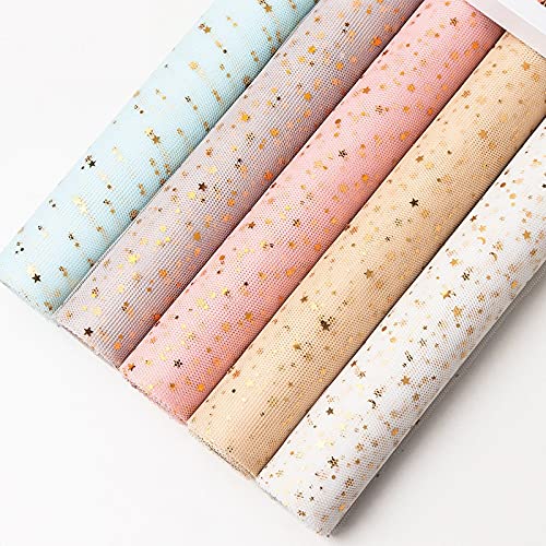 Premium Gold Star Moon Yarn Flower Wrapping Paper - 48cm x 1m Roll, White Scrapbook Decorative Gauze for Bouquets, Floral Arrangements & DIY Crafts - Perfect for Wedding, Birthday & Gift Wrapping