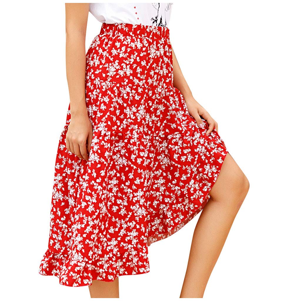 Women's High Waist A-Line Pleated Skirt - Casual Ruffled Print Mini & Midi Skirt for Summer | Perfect for Beach, Party, and Daily Wear (Red)