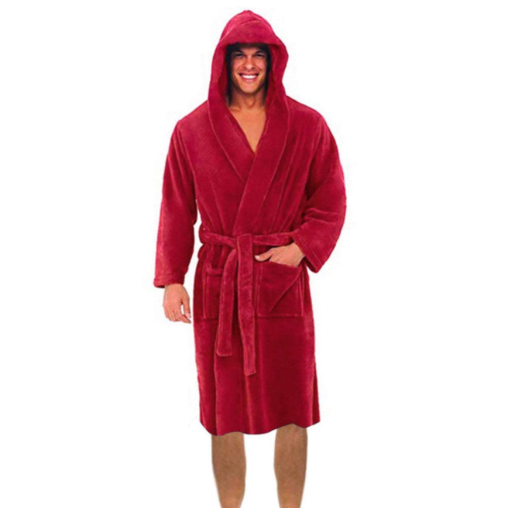 Premium Men's Winter Plush Bathrobe - Long Sleeve Shawl Collar Robe with Belt (Burgundy Wine) | Cozy Home Wear for Spa, Lounging & After Shower