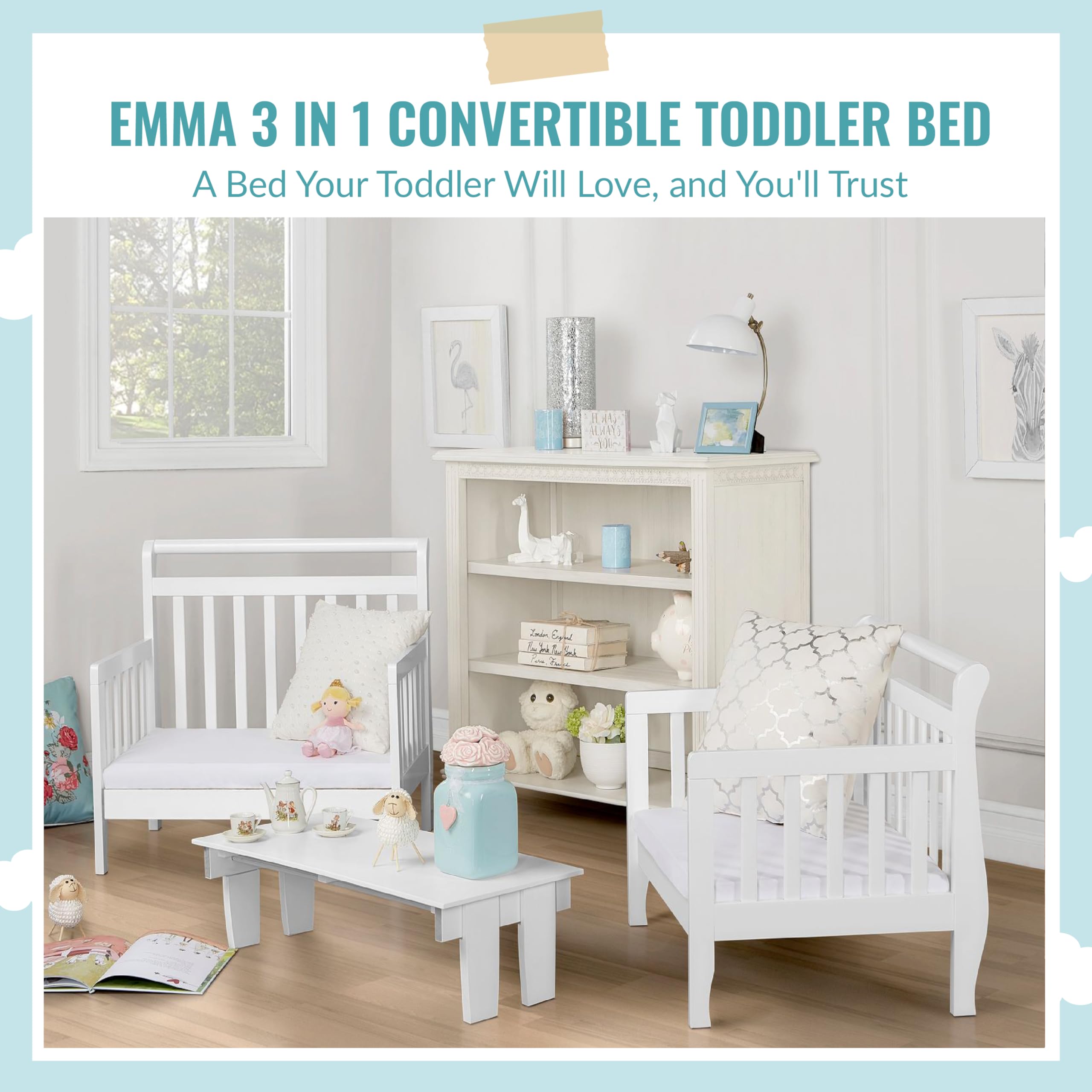 **Dream On Me Emma 3-in-1 Convertible Toddler Bed in White – JPMA & Greenguard Gold Certified, Low-to-Floor Design, New Zealand Pinewood – Safe & Durable for Kids' Bedroom, Nursery, or Playroom**