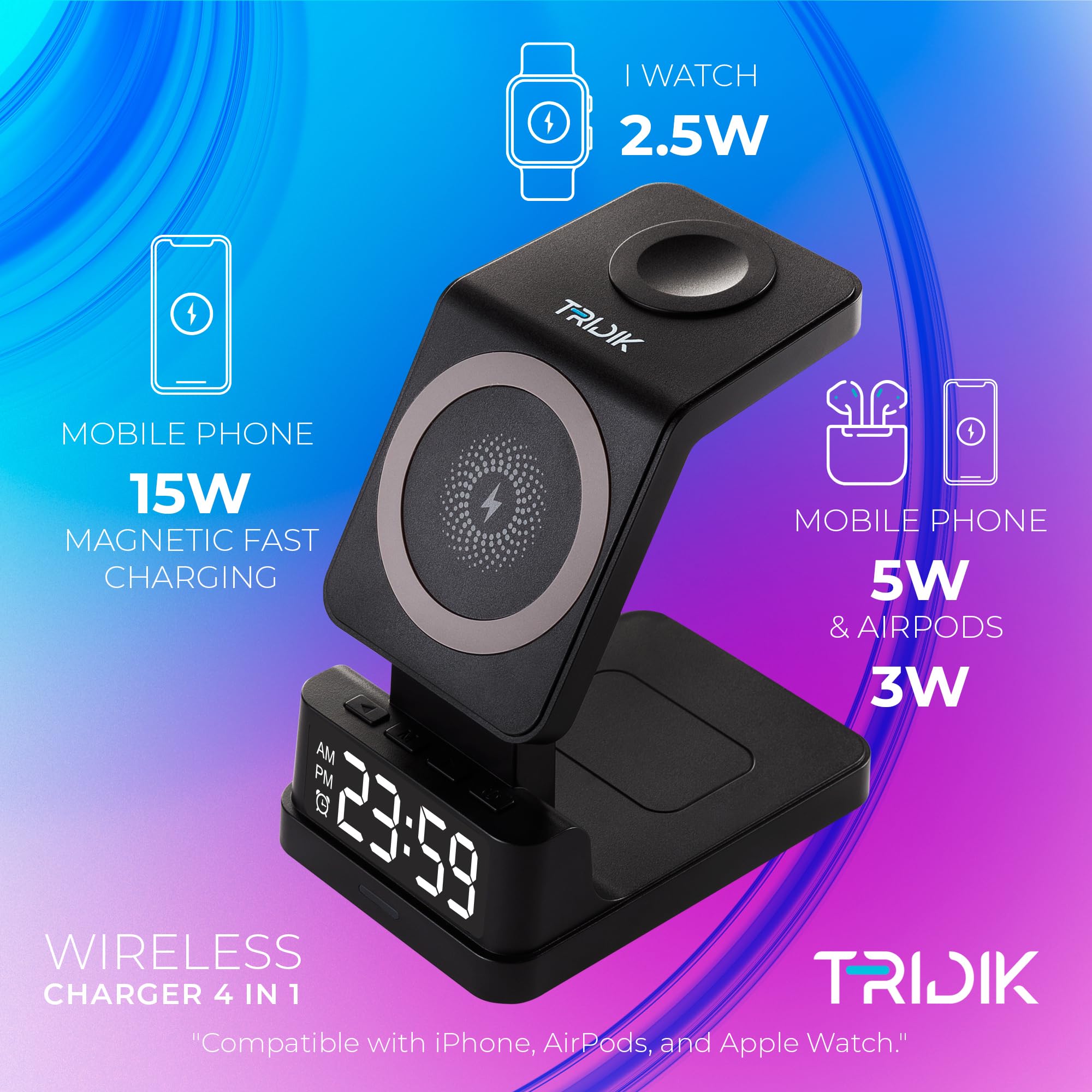 4-in-1 Wireless Charging Station with Digital Clock & Alarm - 15W Fast Charger for iPhone MagSafe, Apple Watch & AirPods - Includes 20W Adapter - Perfect for Bedside, Office & Travel - TRIDIK
