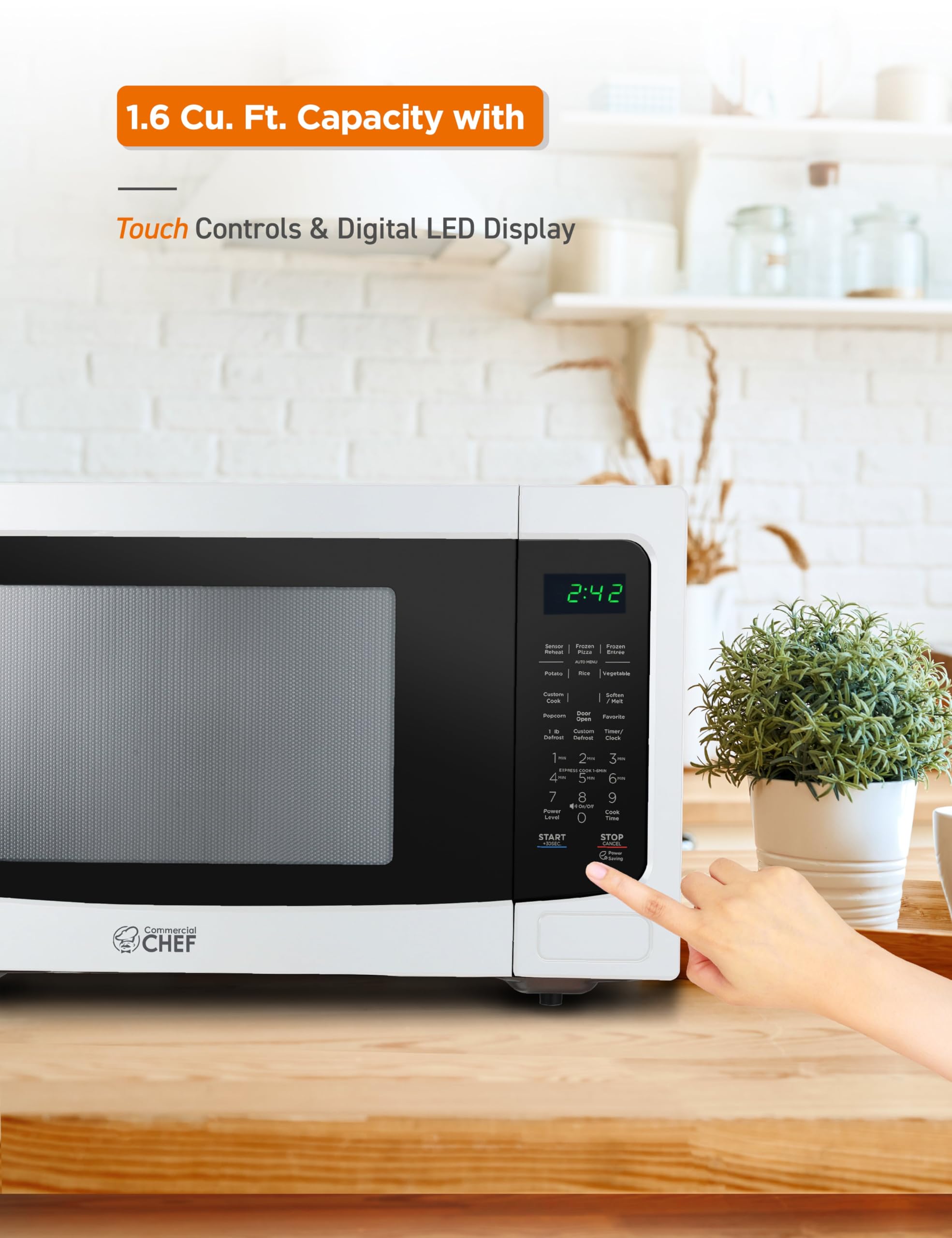 Commercial Chef 1.6 Cu Ft Countertop Microwave - 1100W, 10 Power Levels, Digital Control Panel, Child Safety Lock, White - Perfect for Dorms, Offices & Small Kitchens