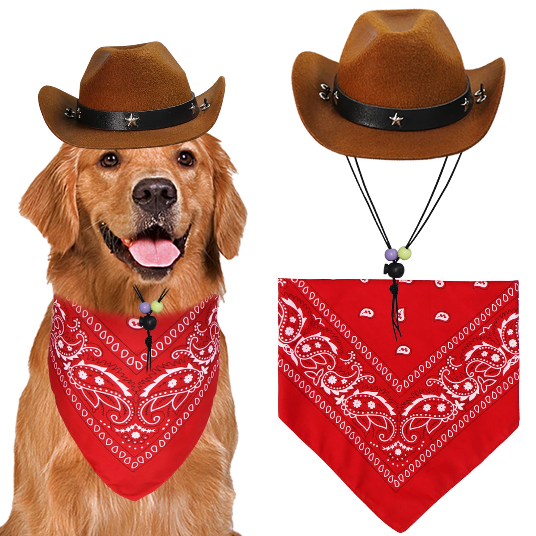 Funny Dog Cowboy Costume for Halloween - Brown Hat & Red Bandana Scarf Set for Small, Medium & Large Dogs | Perfect for Pet Parties, Trick-or-Treating & Photo Shoots