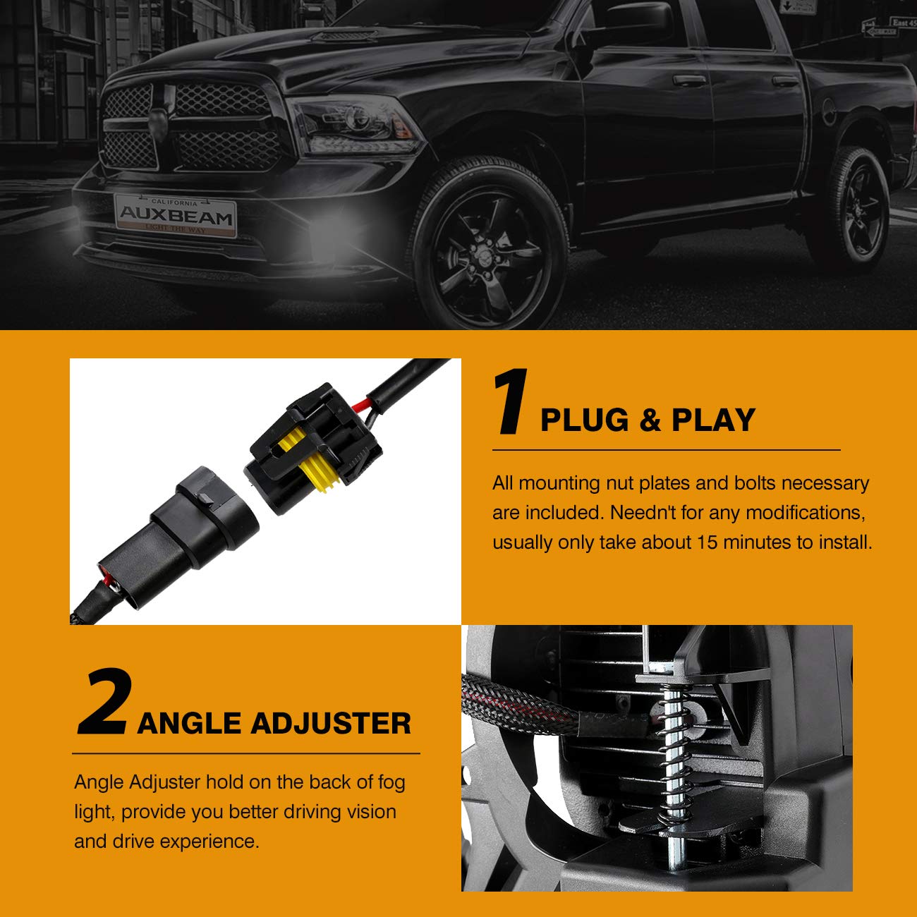 Auxbeam DOT Approved LED Fog Lights for Dodge Ram 1500 (2013-2018) - Bright Bumper Driving Lamps, Chrome Housing - Perfect for Night Driving & Off-Road Adventures