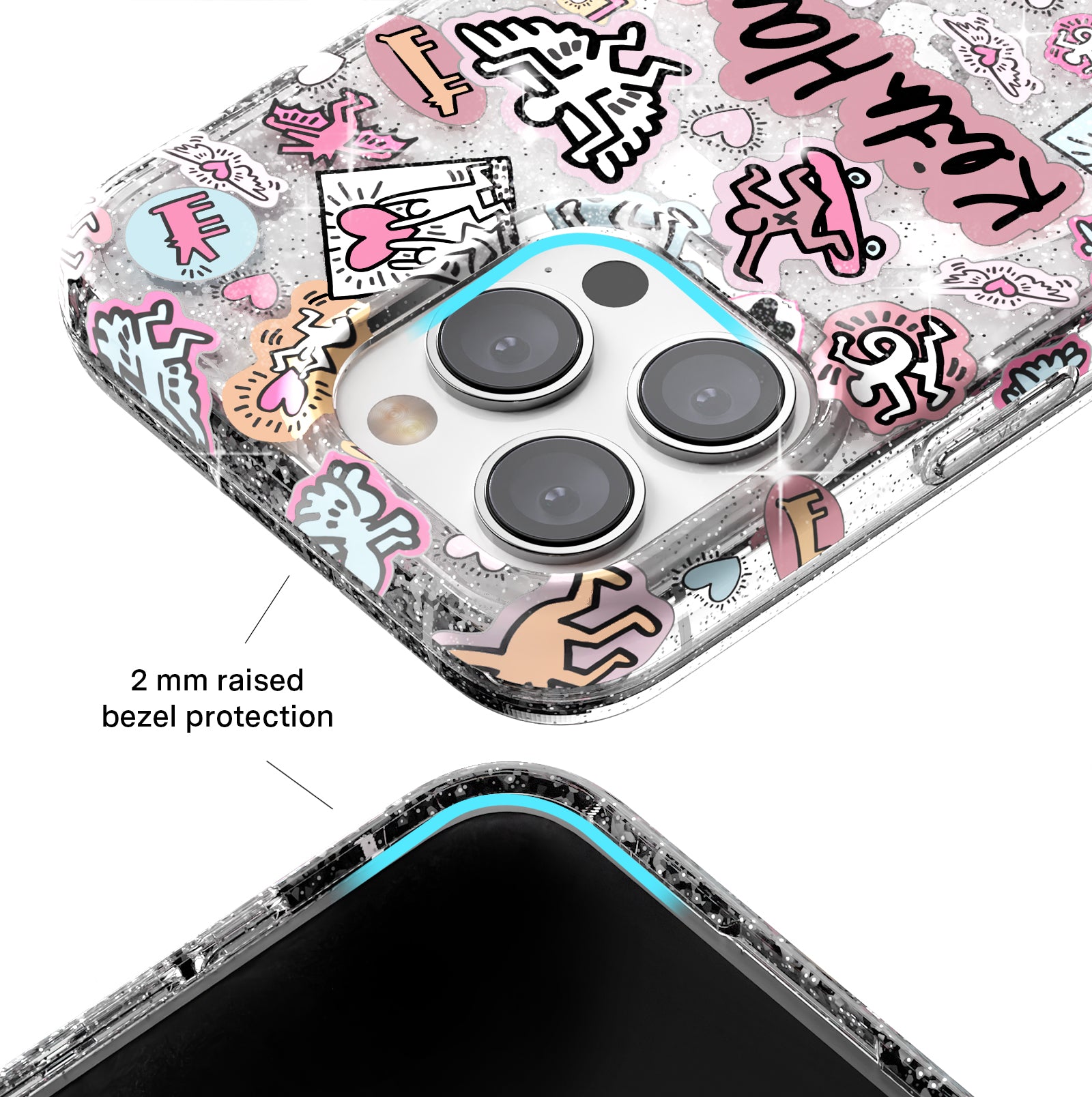 Keith Haring Pastel Glitter iPhone Case - Trendy Protective Cover for iPhone 11/12/13/14/15 Pro Max - Cute Artistic Design for Everyday Use & Gift Giving