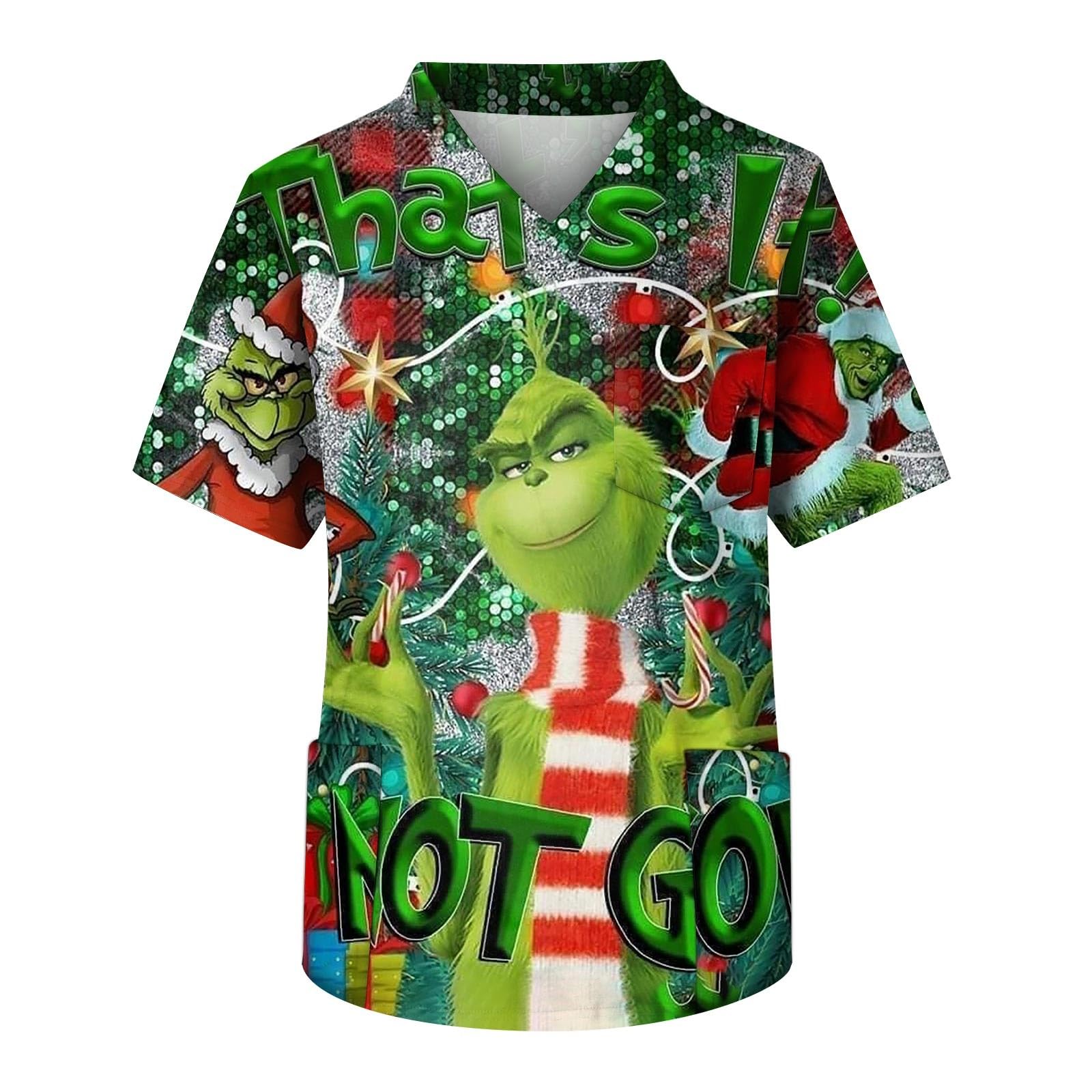 Green Monster Men's Christmas Scrubs V-Neck Short Sleeve - Holiday Nursing Uniform 3 Pockets S-5XL for Work & Festive Season