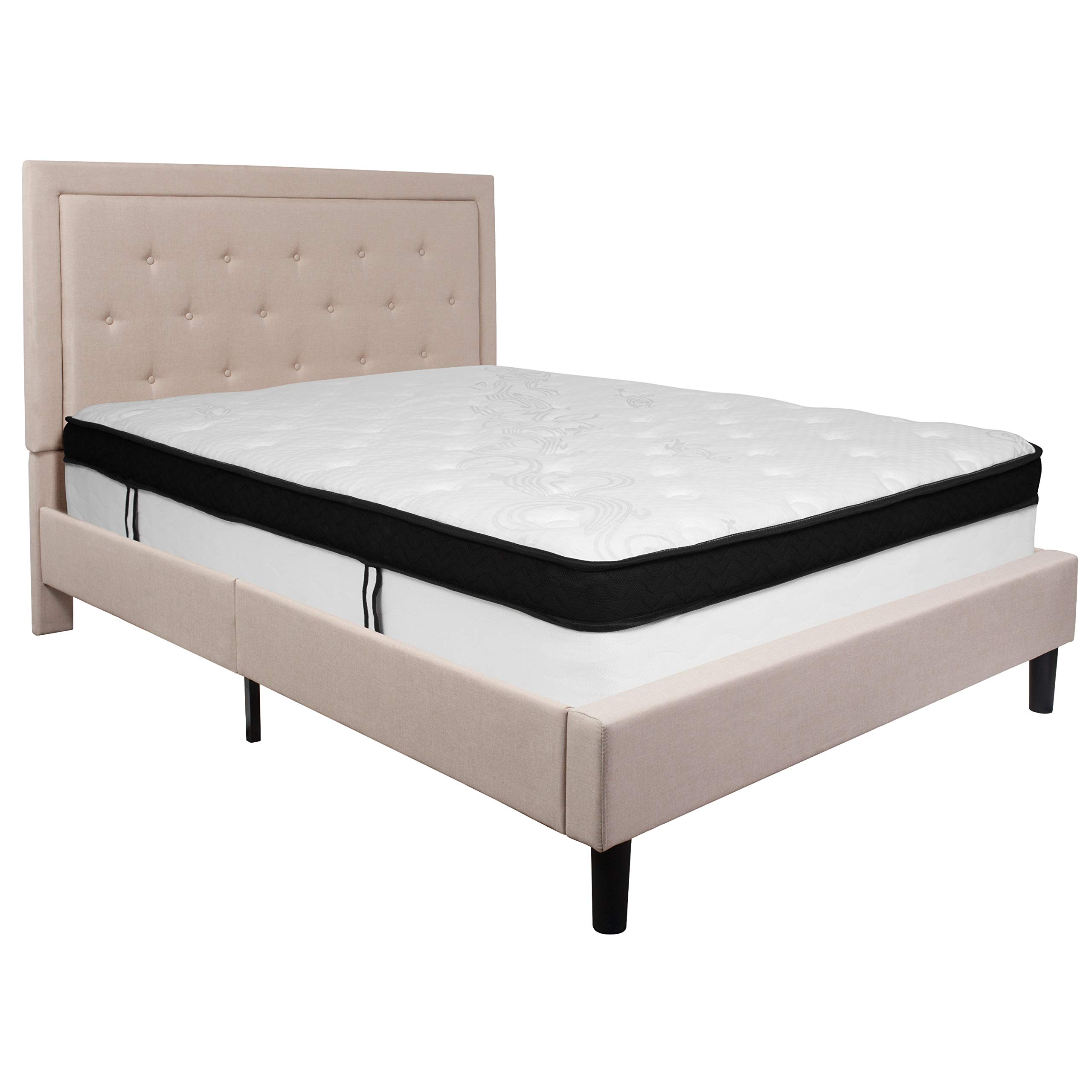 Emma & Oliver Queen Size Tufted Upholstered Platform Bed with Memory Foam Mattress - Beige Fabric Bedroom Set for Master Bedroom Decor