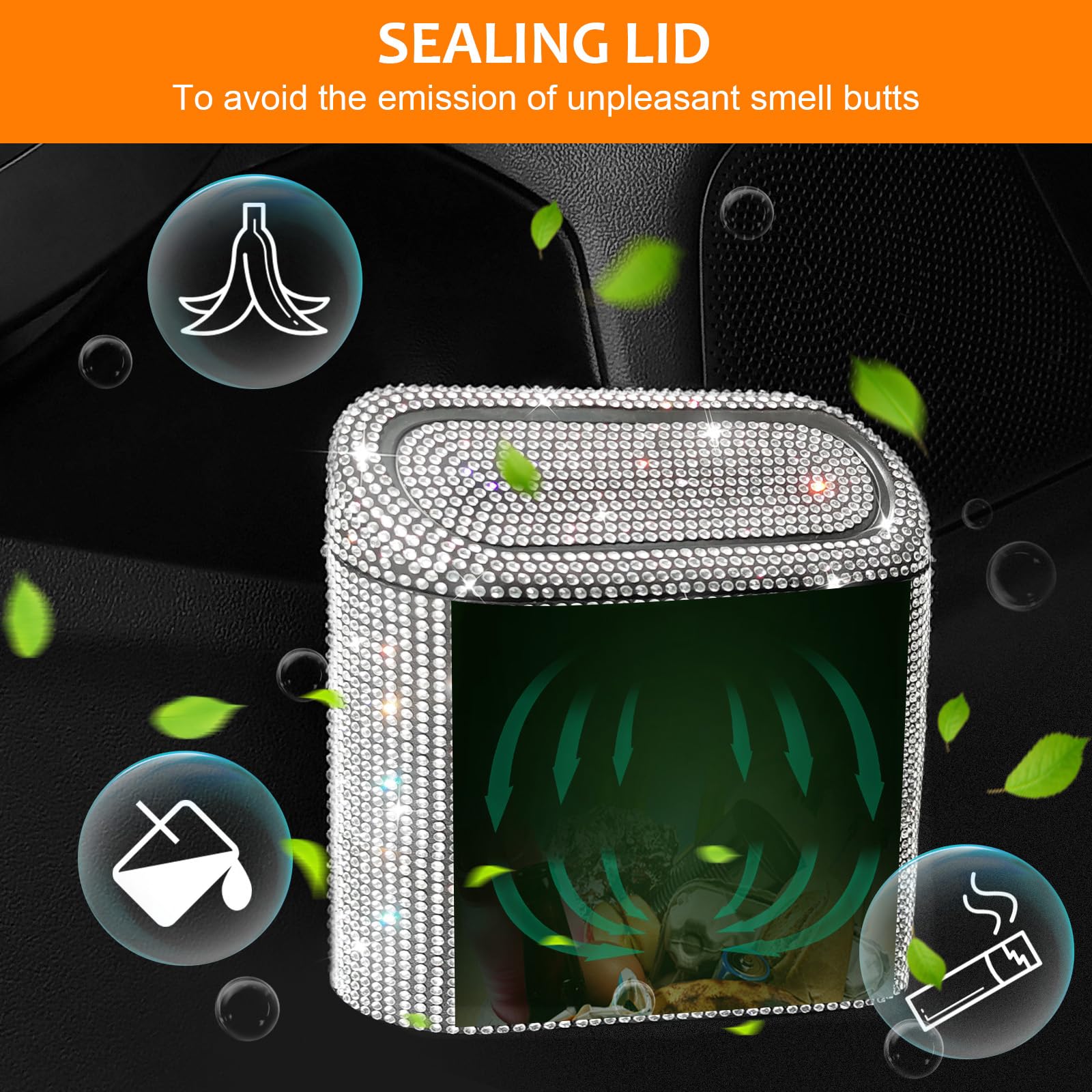 Accmor Sparkling Crystal Car Trash Can with Lid - 30pcs Garbage Bags Included - Vehicle Auto Dustbin Organizer & Garbage Storage Container - Perfect for Road Trips, Commuting, and Keeping Your Car Clean