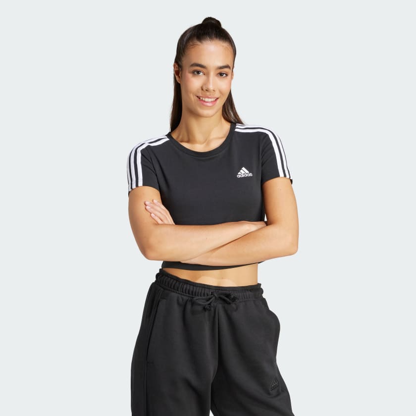 Adidas Women's Essentials 3S Black Baby Tee - Soft Cotton Short Sleeve T-Shirt for Casual Wear, Gym & Everyday Outfits