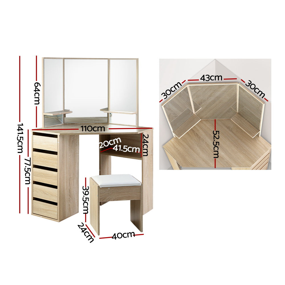 Oak Makeup Vanity Set - Corner Dressing Table with Mirror & Stool, Elegant Makeup Desk Chair for Bedroom, Bathroom or Dressing Room