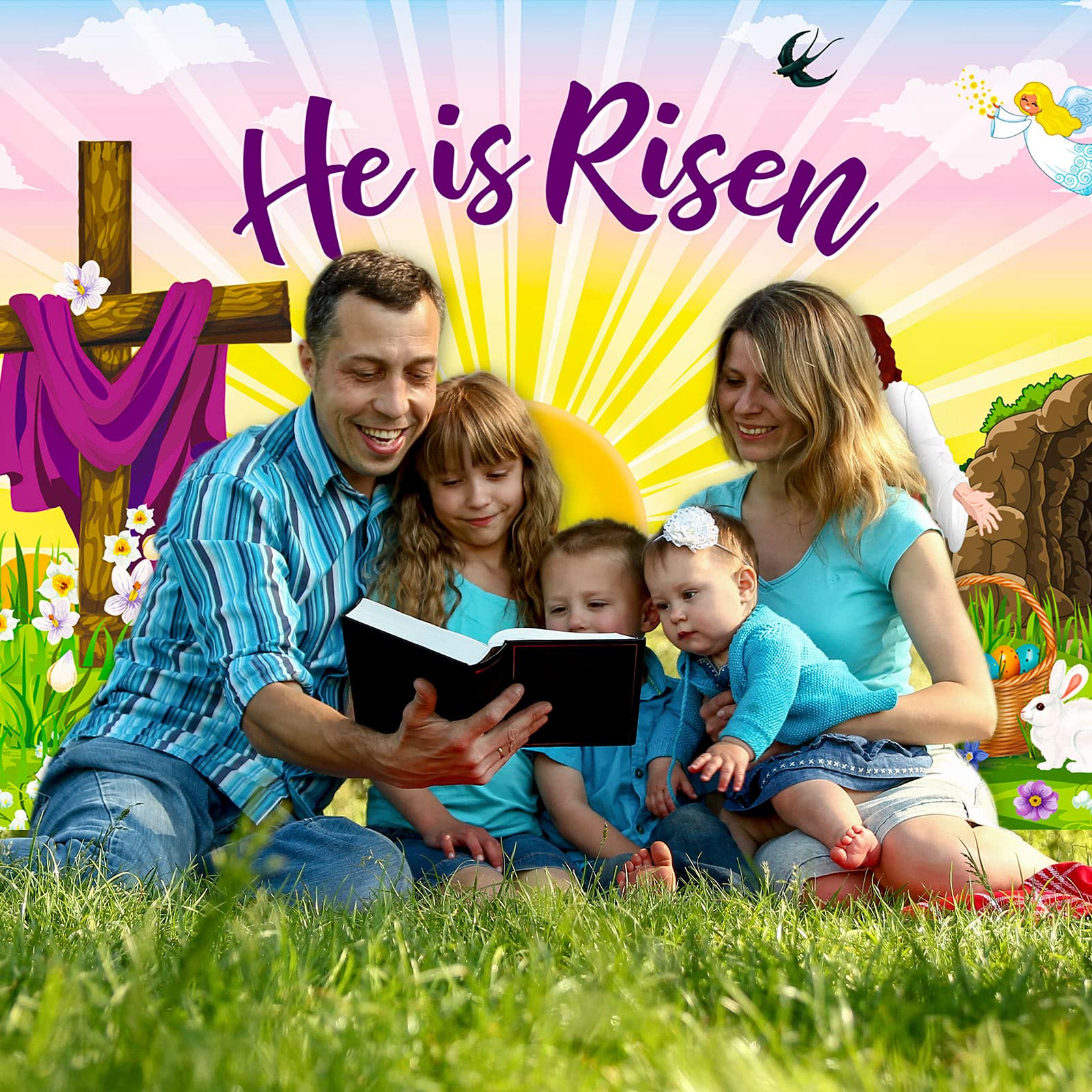 Easter Decor Backdrop - He is Risen Banner for Photo Booth & Party