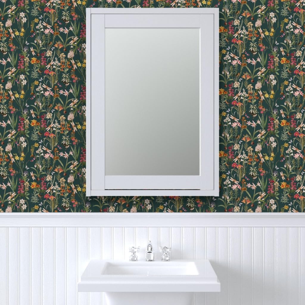 Peel & Stick Wallpaper 12ft x 2ft - Garden Dragonflies Spring Botanical Woodland Floral Custom Removable Wallpaper by Spoonflower | Perfect for Bedroom, Nursery, Living Room & Office Decor