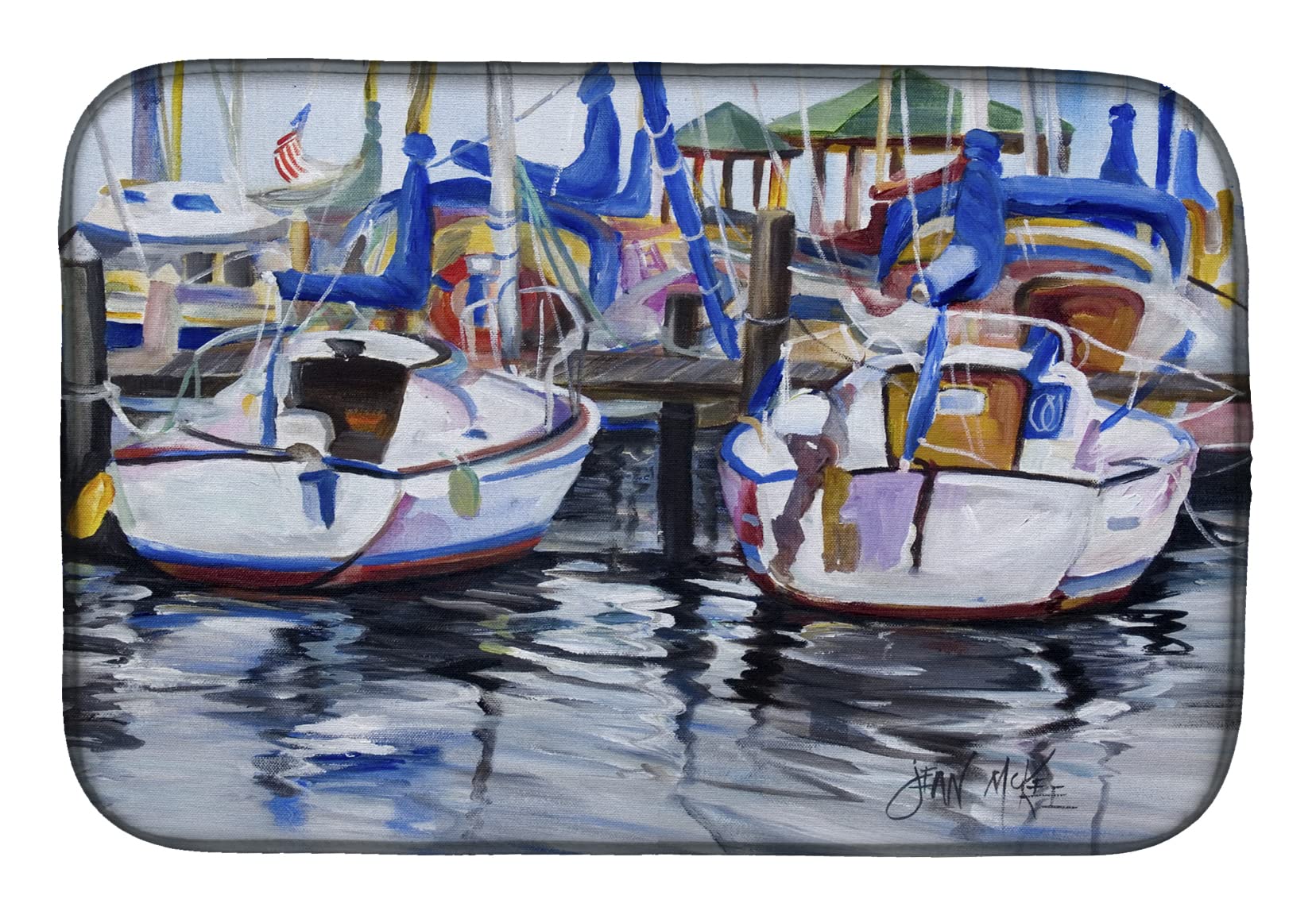 Absorbent Sailboat Design Dish Drying Mat - 14 x 21 Inch Non-Slip Kitchen Counter Drying Pad | Multicolor JMK1054DDM | Perfect for Drying Dishes, Utensils & Cookware on Countertops