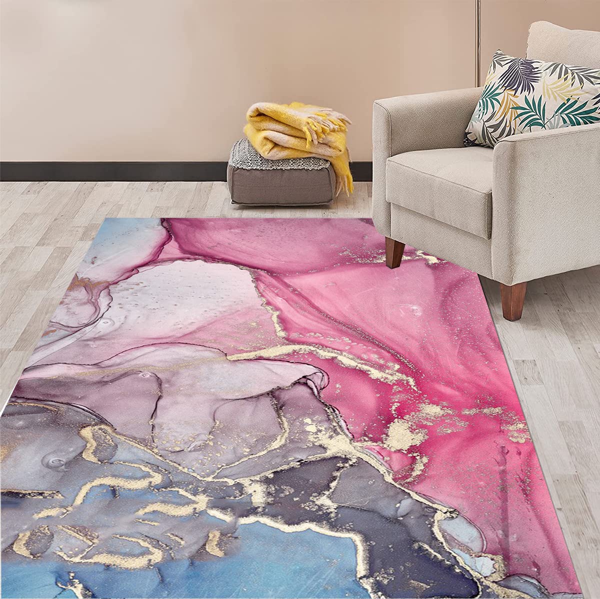 Modern Abstract Pink Gold Grey Washable Area Rug - Soft Non-Slip 6x8 Feet for Living Room, Bedroom, Dining Room & Home Office - Vintage Aesthetic Floor Carpet Perfect for Girls Room & Rustic Decor