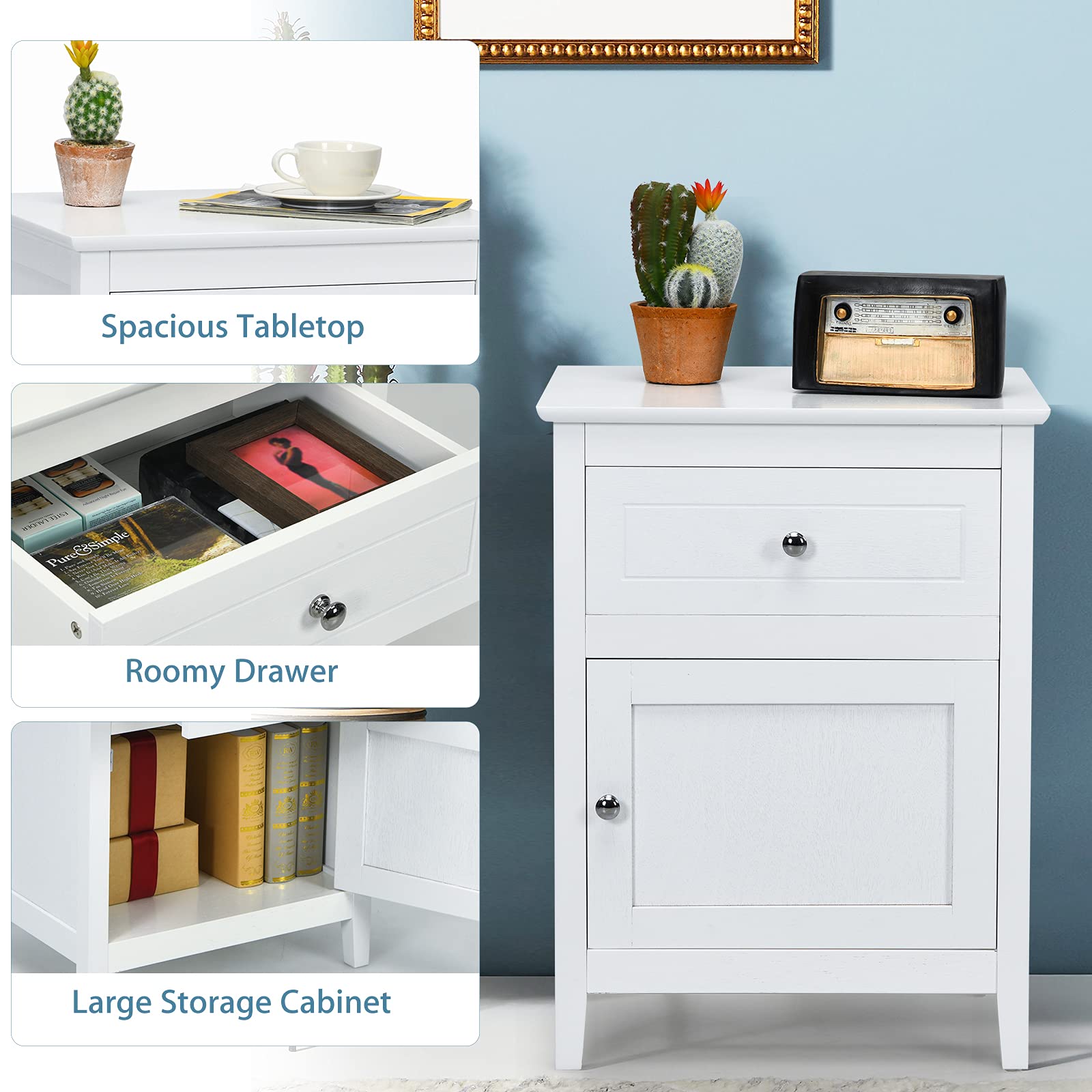 Giantex White Wooden Nightstand with Drawer & Storage Cabinet - 15