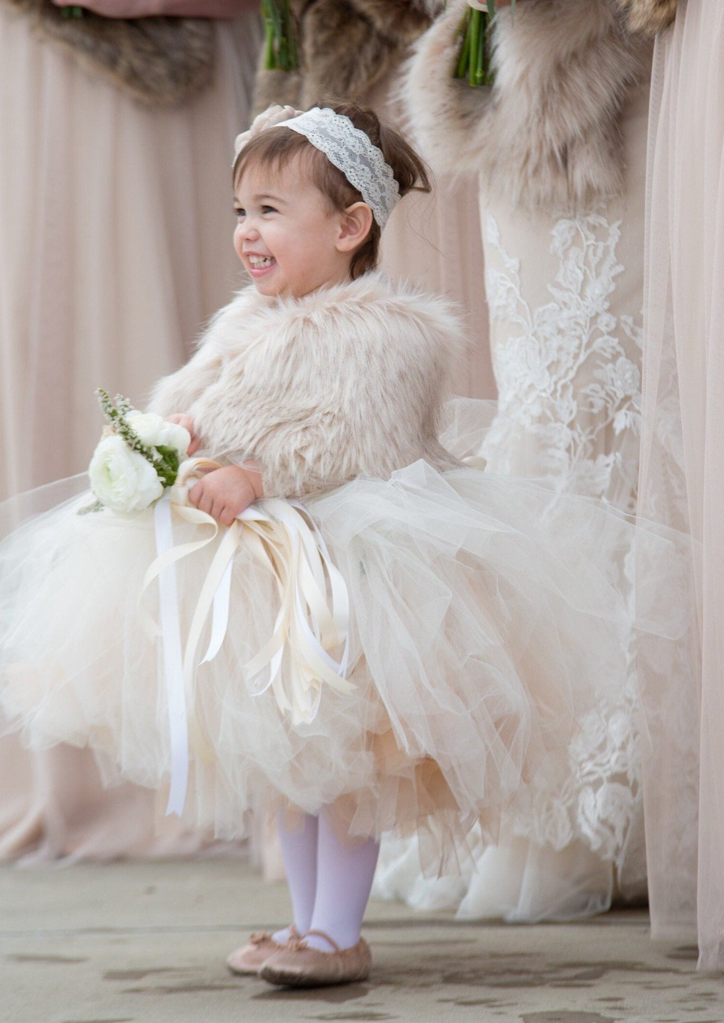 Blush Pink Flower Girl Faux Fur Wrap with Black Tips - Soft Winter Shawl for Kids (Kid Blu02) | Perfect for Weddings, Pageants & Holiday Photos