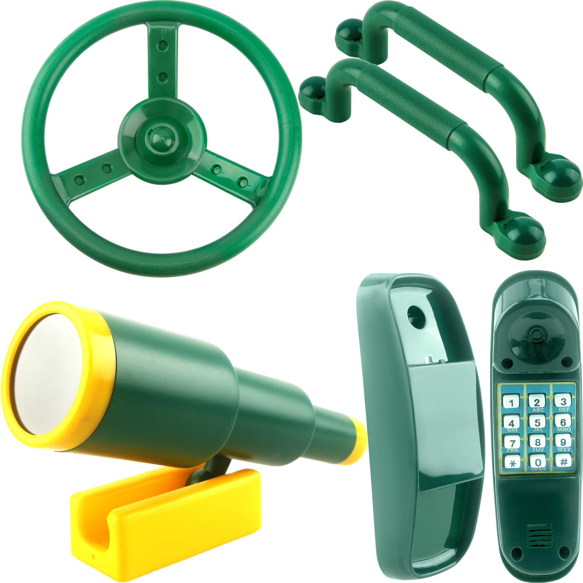 5-Piece Kids Playground Accessories Set - Swingset Steering Wheel, Plastic Telescope, Safety Handles & Telephone Toy for Outdoor Playhouse Playset (Color Set 1) - Perfect for Backyard Swing Sets, Playgrounds and Children's Outdoor Play Areas
