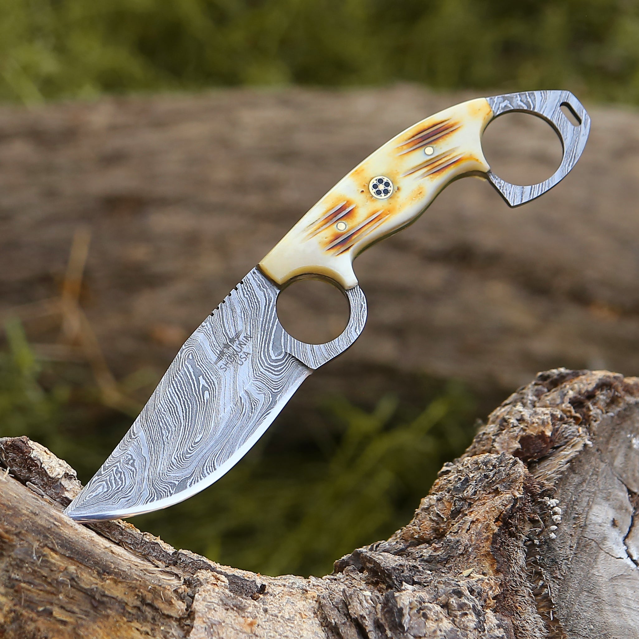 Premium Damascus Steel EDC Pocket Knife with Charred Bone Handle - Compact, Durable & Sharp for Outdoor Camping, Hiking, Survival & Everyday Carry