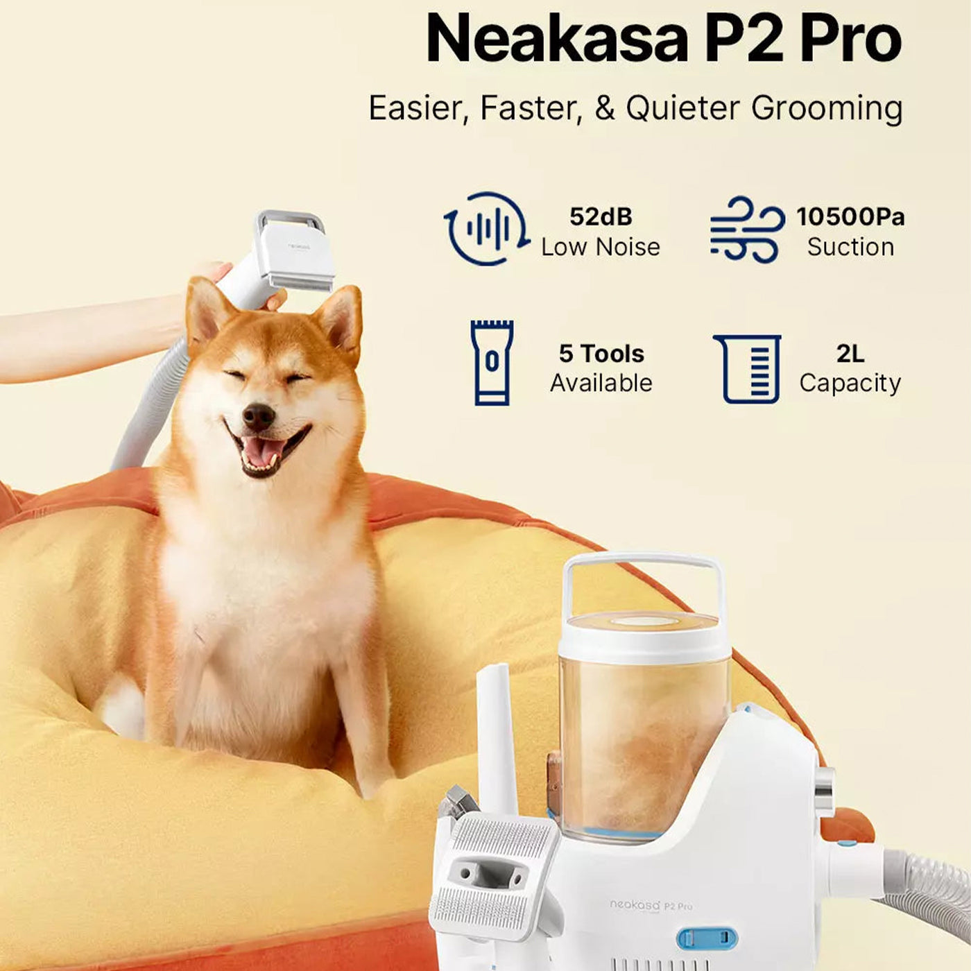 Neakasa P2 Pro 5-in-1 Pet Grooming Kit with Vacuum for Dogs & Cats - Perfect for Home Grooming, Shedding Control & Allergy Relief