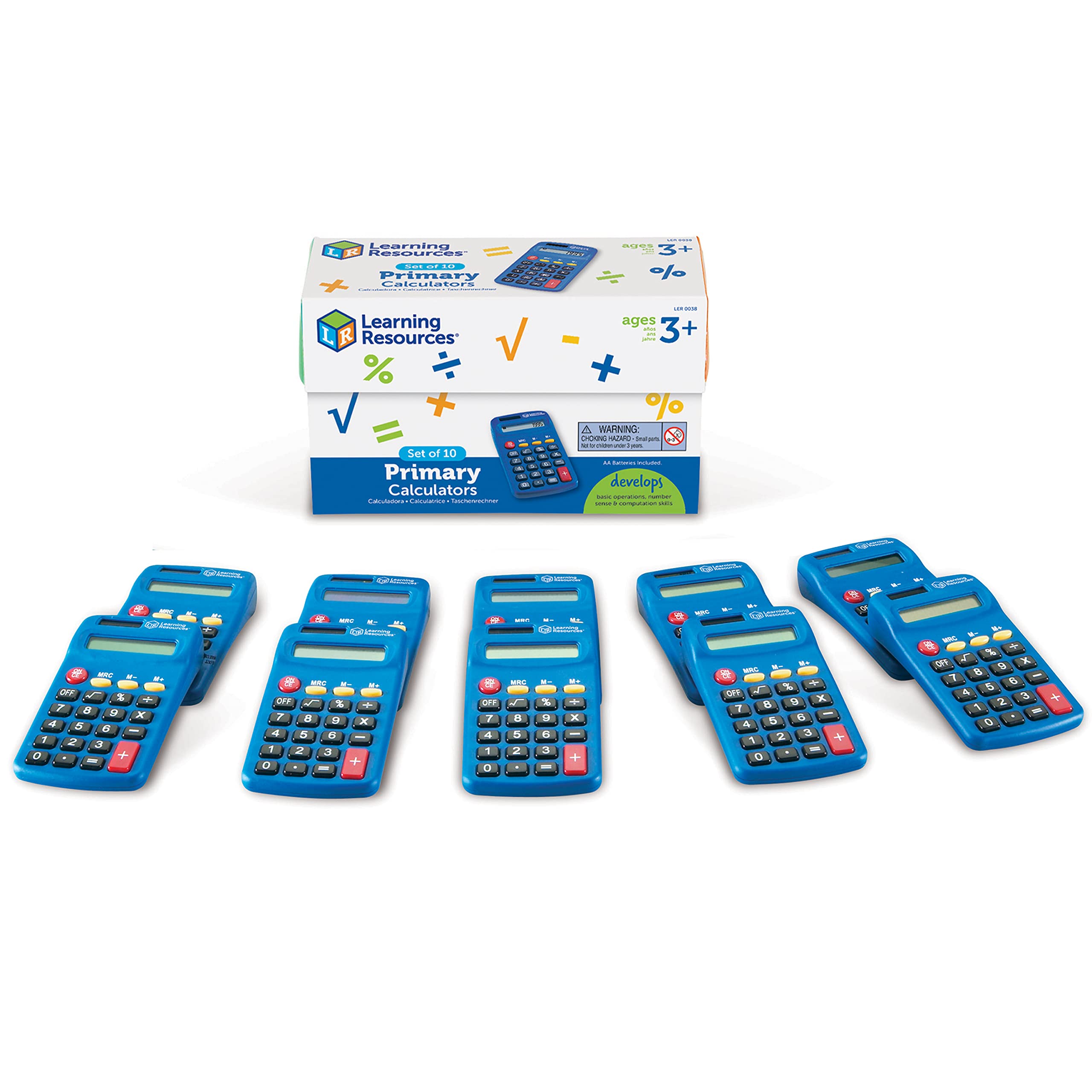 Learning Resources Primary Calculator - 10 Pack Solar Powered Basic Calculators for Kids Ages 3+, Teacher & Classroom Supplies, Back to School Essentials - Perfect for Math Practice, Homework Help & Early Learning Activities