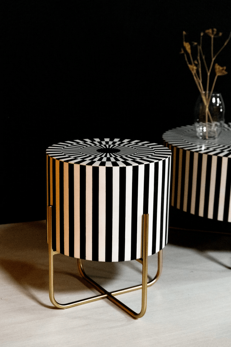 Handmade Bone Inlay Round Coffee Table - Black & White Center Table for Living Room | Boho Chic Home Decor | Perfect for Small Spaces & Lounge Areas
