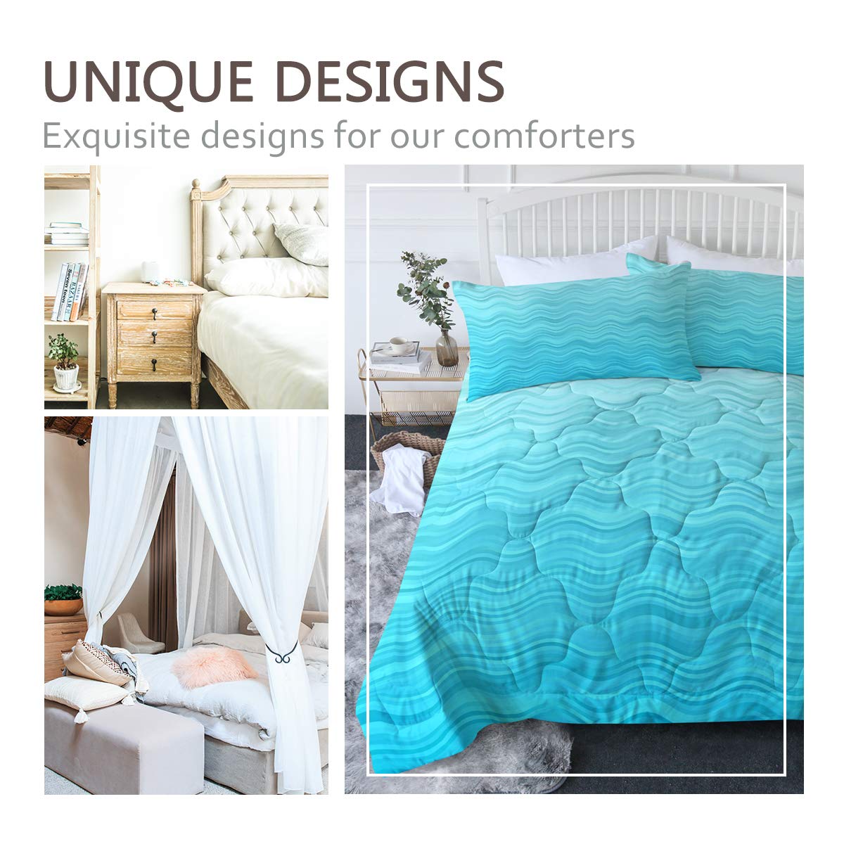 BlessLiving King Comforter Set - Turquoise Ocean Wave Bedding with Artistic Pastel Wavy Pattern, 3-Piece Aqua Blue Striped Bed Set for Coastal & Boho Bedroom Decor