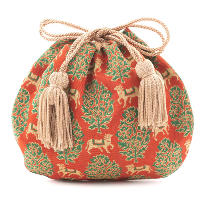 Handmade Kyoto Nishijin Ori Small Drawstring Pouch - Bull & Red Design - Authentic Japanese Traditional Craft Purse for Coins, Jewelry & Gifts