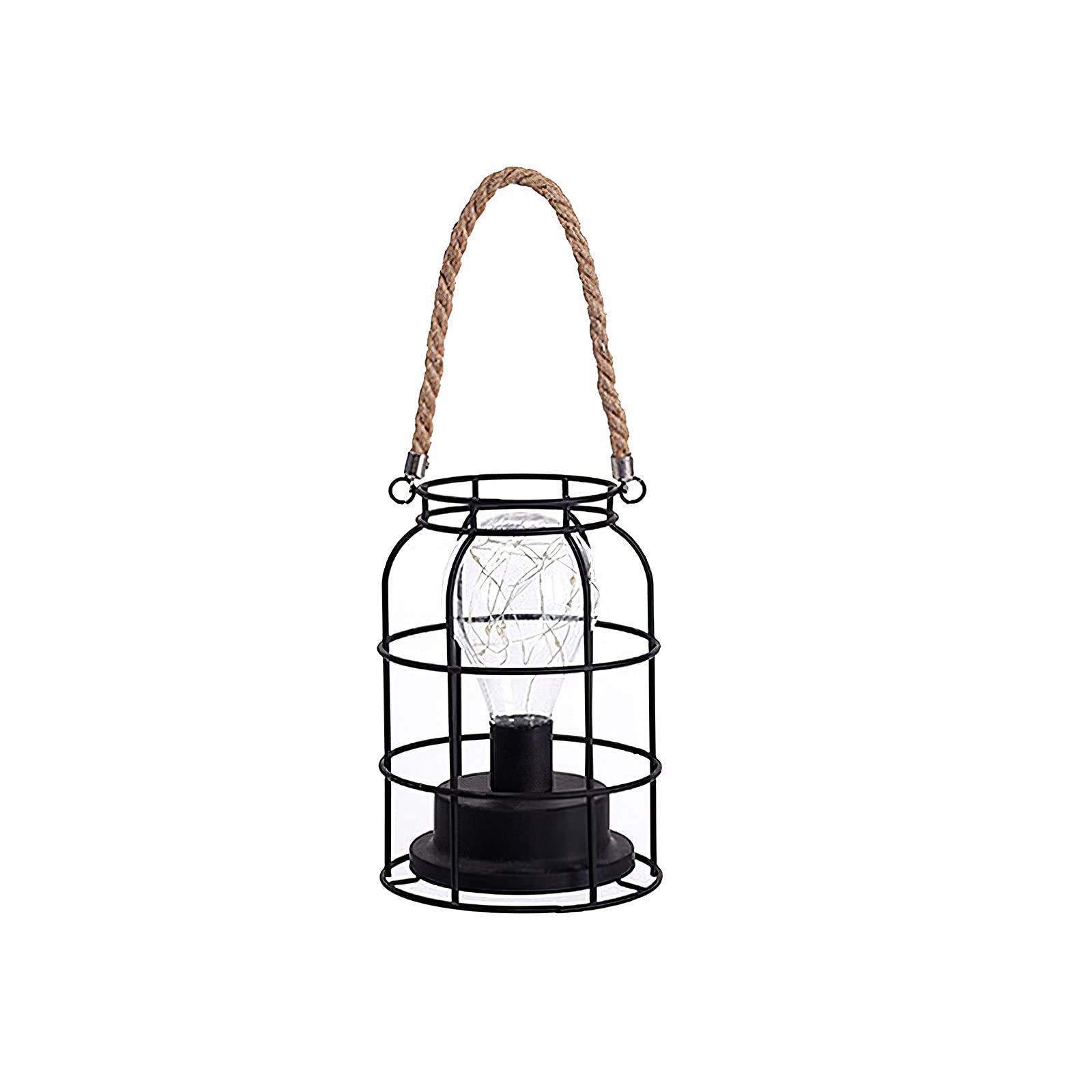 LED Battery Operated Hanging Metal Cage Lamp - Vintage Iron Table Light with Adjustable Hemp Rope - Perfect for Bedroom, Living Room, Corridor & Outdoor Patio Decor