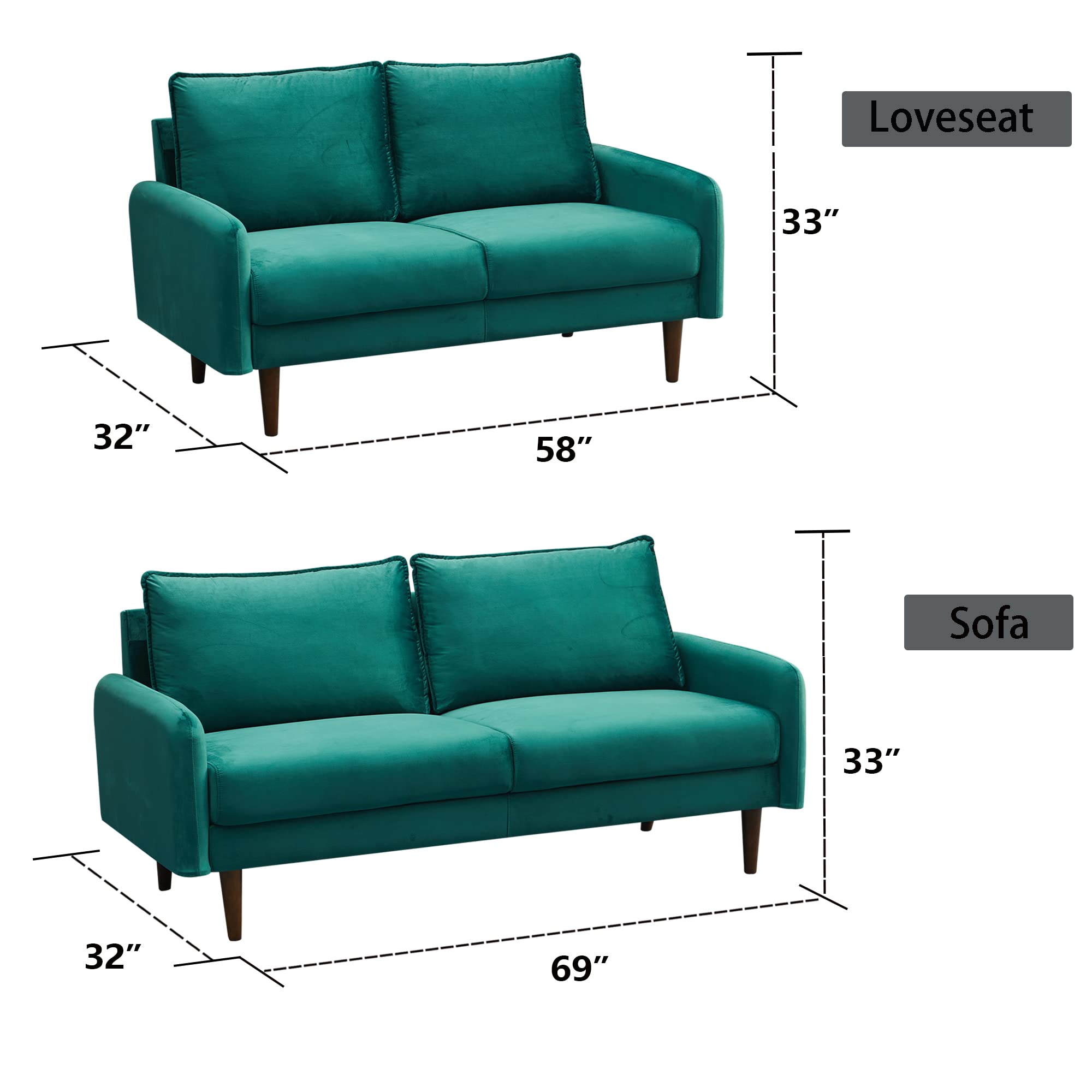 Mid-Century Modern Velvet Sofa with Wooden Legs - Green Upholstered Couch for Living Room, Lounge & Home Decor - Cozy & Stylish Seating for Relaxing & Entertaining