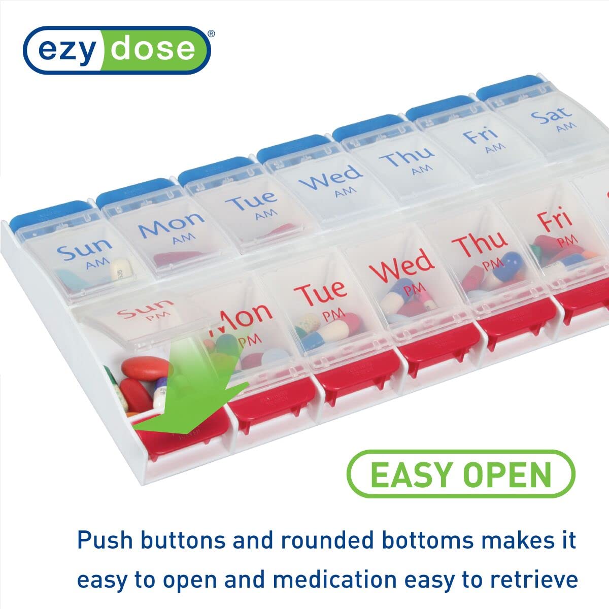 7-Day Push Button Pill Organizer - AM/PM Daily Medicine & Vitamin Case (2 Times a Day) - Perfect for Travel, Work, and Home Medication Management