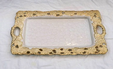 15.75x8.5x9.75 Inch Gold White Rectangle Serving Tray - Elegant Grape Design for Dining Table, Kitchen Counter, or Party Decor