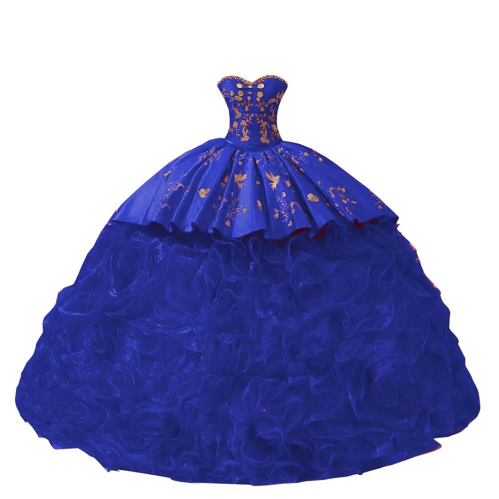 Elegant Gold Embroidered Sweetheart Neckline Satin Organza Ball Gown - Quinceañera, Prom & Formal Dresses in Mexicana Style 2025 | Perfect for Weddings, Parties & Special Occasions