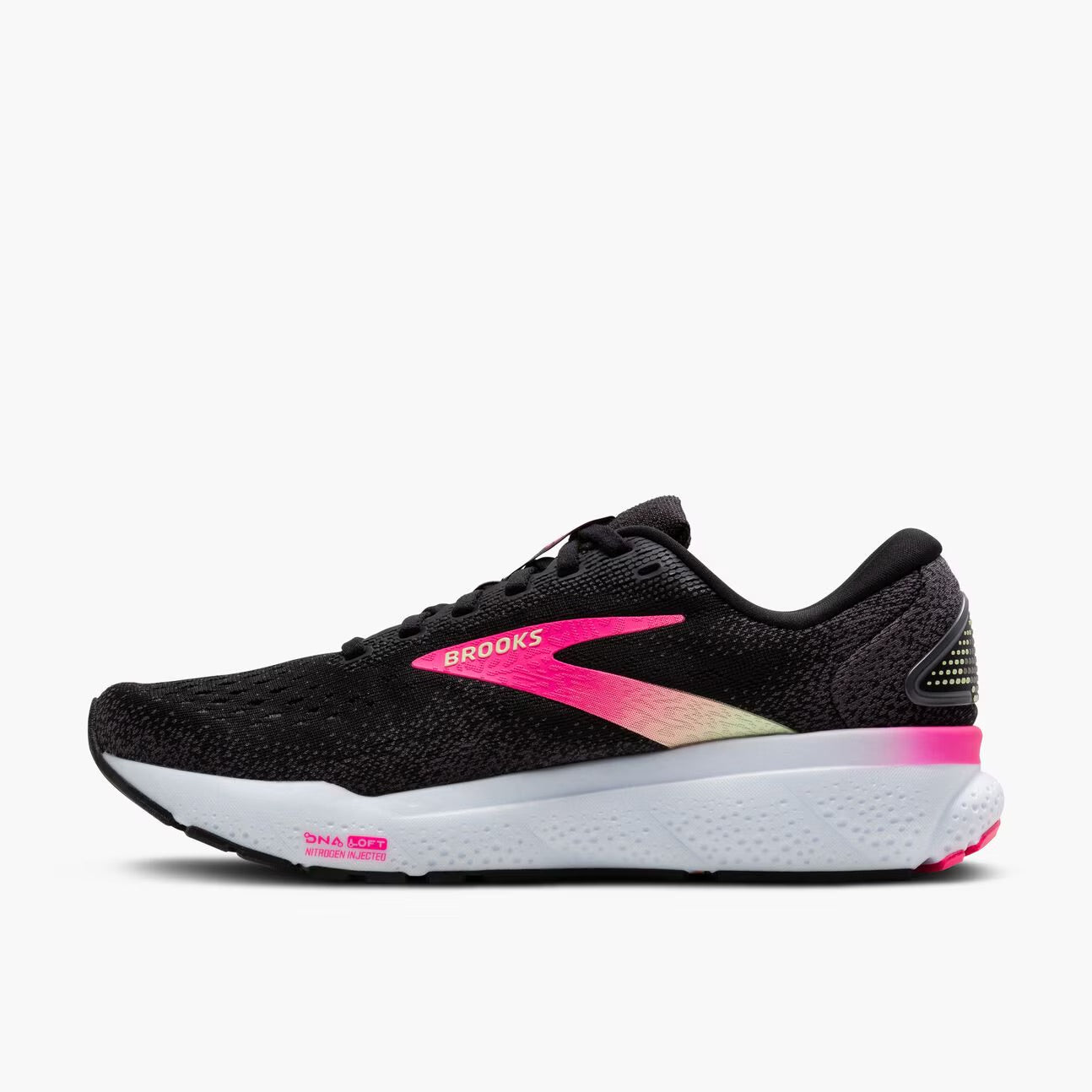 Brooks Women's Ghost 16 Running Shoes - Black/Pink/Yellow - Lightweight Cushioned Sneakers for Women, Road Running & Gym Workouts