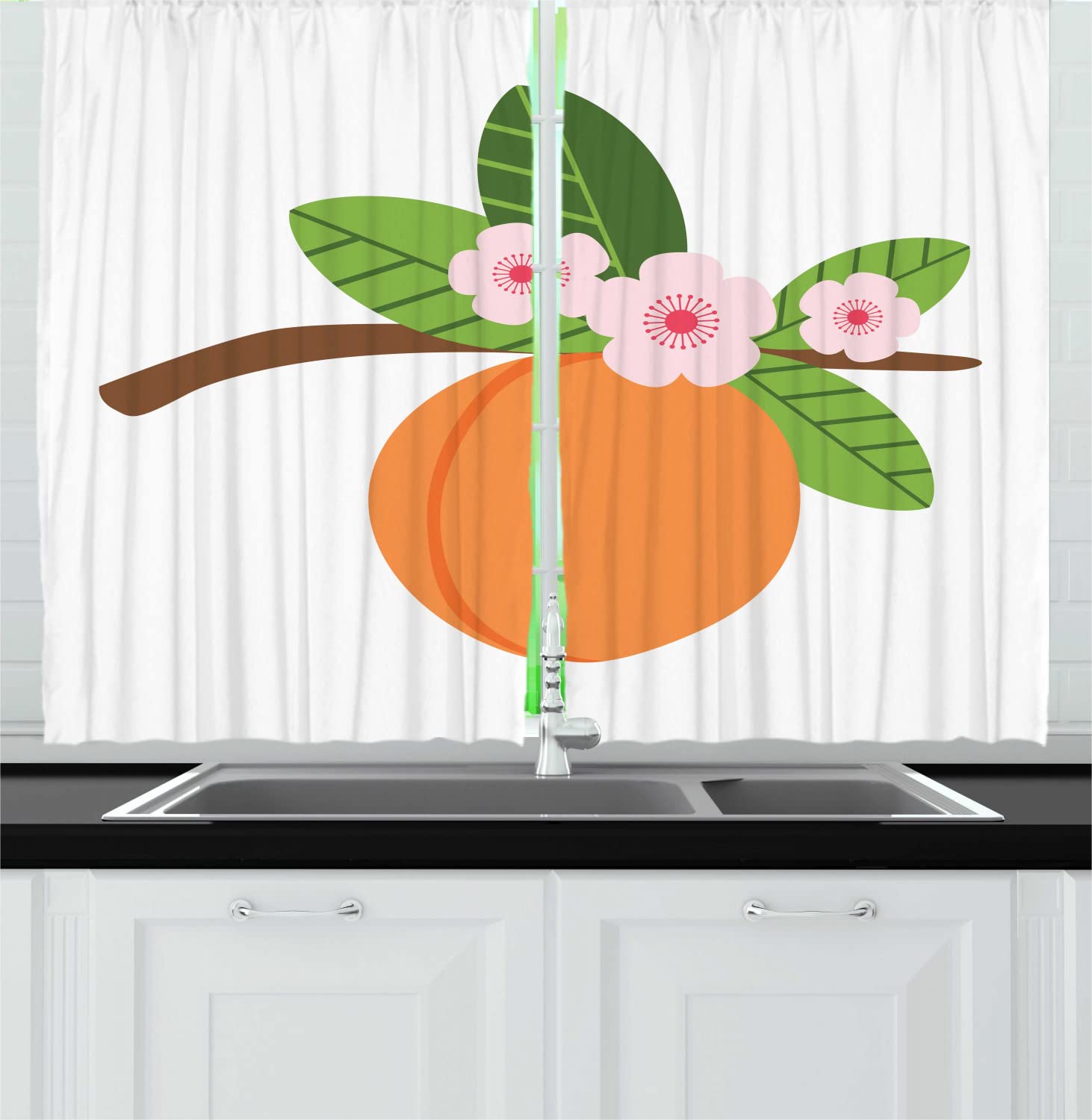 Ambesonne Peach Long Kitchen Curtains - Cartoon Fruit & Floral Design, 2-Panel Rod Pocket Drapes 55x45 inches, Apricot Olive Green White - Perfect for Spring Kitchen Decor & Window Treatments