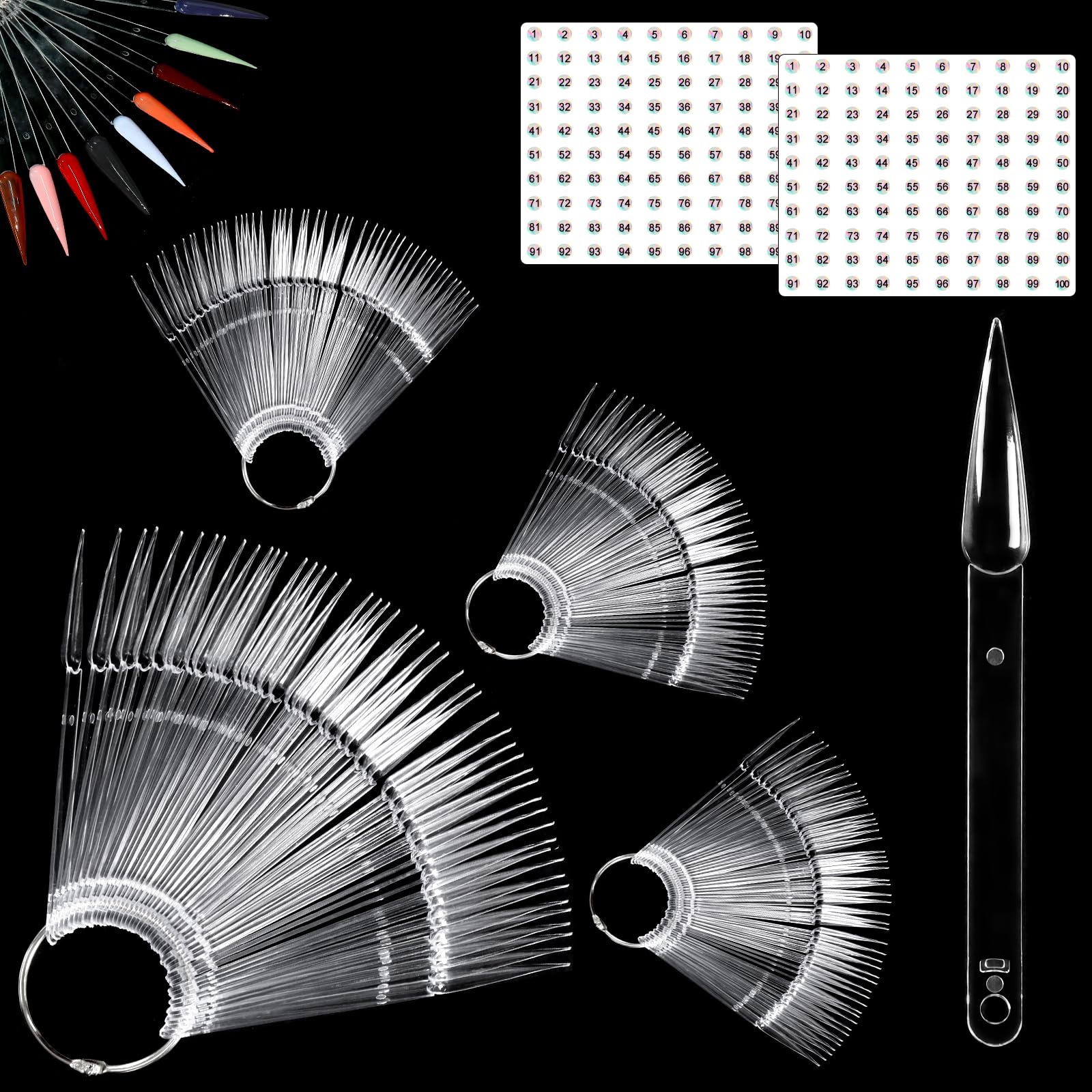 Allstarry 200 Pcs Clear Natural Nail Swatch Sticks with Ring & Numbered Tips - Pointed Nail Art Polish Display Sticks for Manicure Practice, False Nail Samples - Perfect for Salon Professionals & DIY Nail Art Enthusiasts