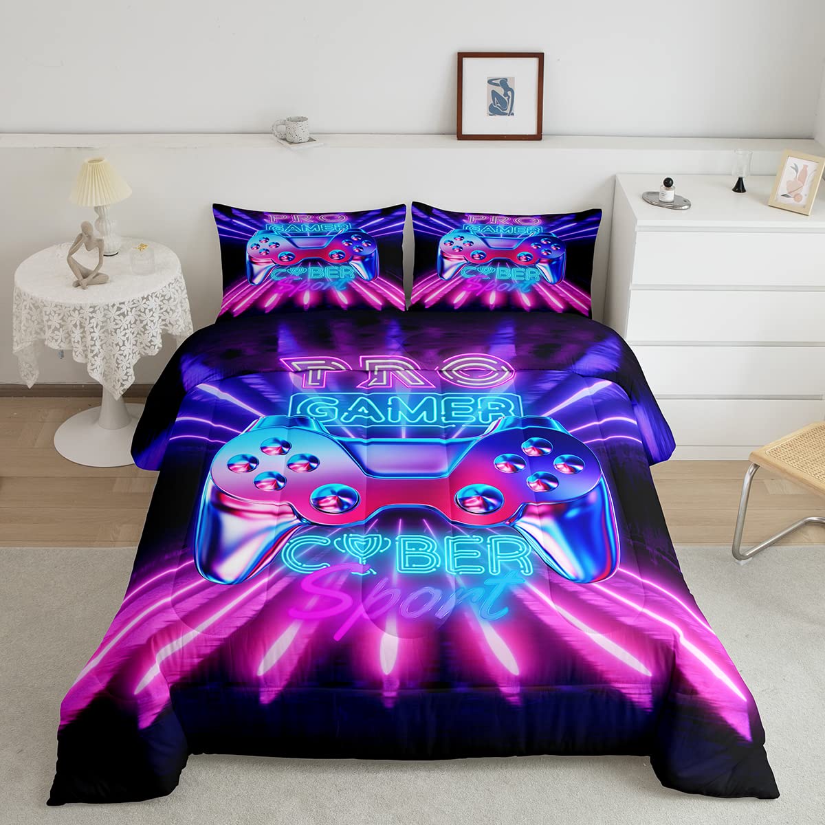 Erosebridal Full Size Gaming Bedding Set - Soft Microfiber Comforter with Gamepad Design & 2 Pillowcases for Kids, Teens & Boys (Purple) | Perfect for Gamer Bedrooms, Sleepovers & Gaming Themed Decor