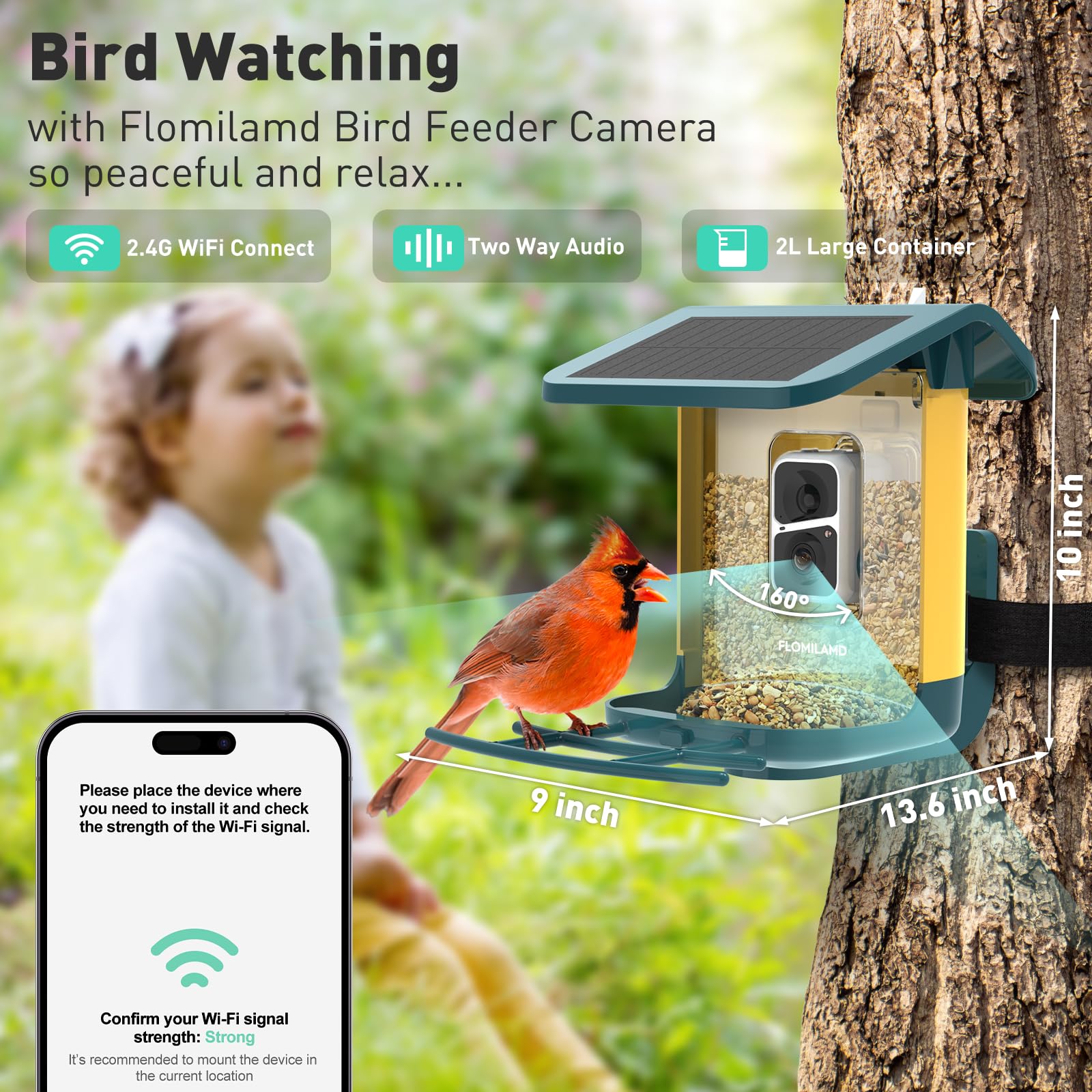 Smart AI Bird Feeder with Camera - Wireless Outdoor Solar Powered, 2K Live View, Auto Capture & APP Alerts, Color Night Vision, Bird Species Identification (FL006) - Perfect for Backyard Bird Watching & Wildlife Monitoring