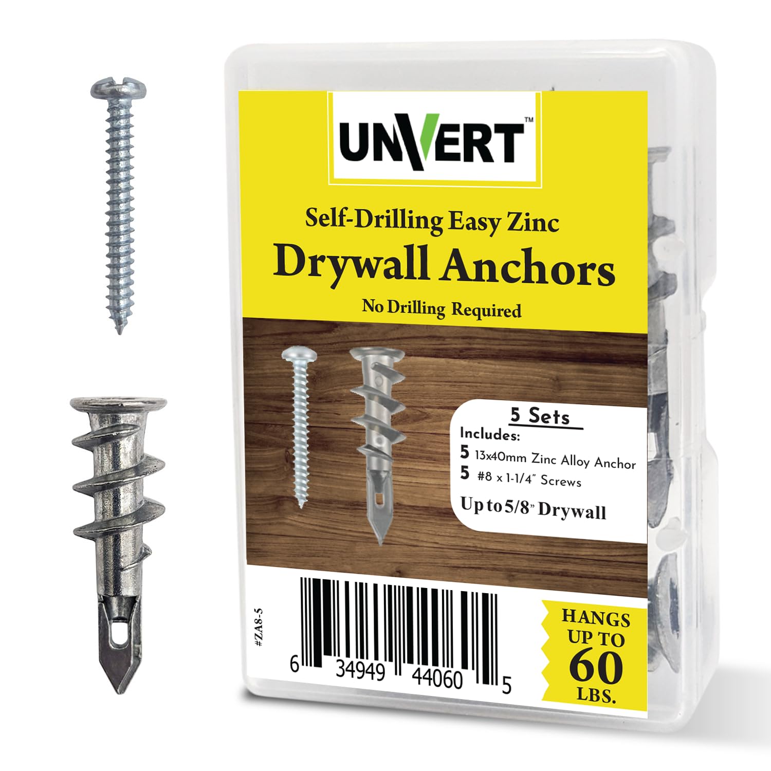 Heavy Duty #8 Drywall Anchors and Screws Kit - Zinc Self-Drilling Wall Anchors for Sheetrock (5 Pack) - No Pre-Drill Required for Easy Installation - Perfect for Hanging Shelves, Mirrors & Home Decor