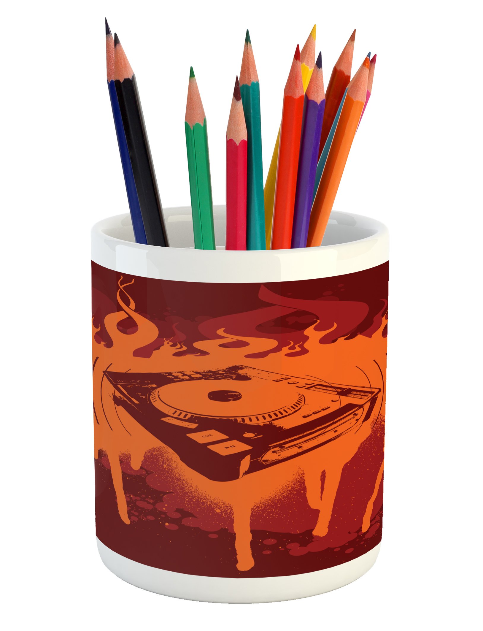 Psychedelic Music Turntable Ceramic Pen Holder - Dark Grunge Graffiti Design Desk Organizer for Office & Home (Burgundy/Orange/Maroon) | Perfect for Artists, DJs & Music Lovers Workspace Decor