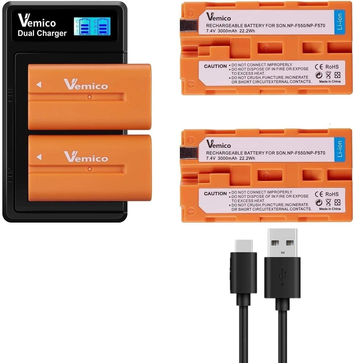 Vemico NP-F550 Battery Charger Kit with 2x 3000mAh NP-F570 Batteries, 2-Slot USB-C Charger for Sony NP-F970/F960/F750/F570/F530/F33 - Perfect for DSLR Cameras, Camcorders & Video Equipment