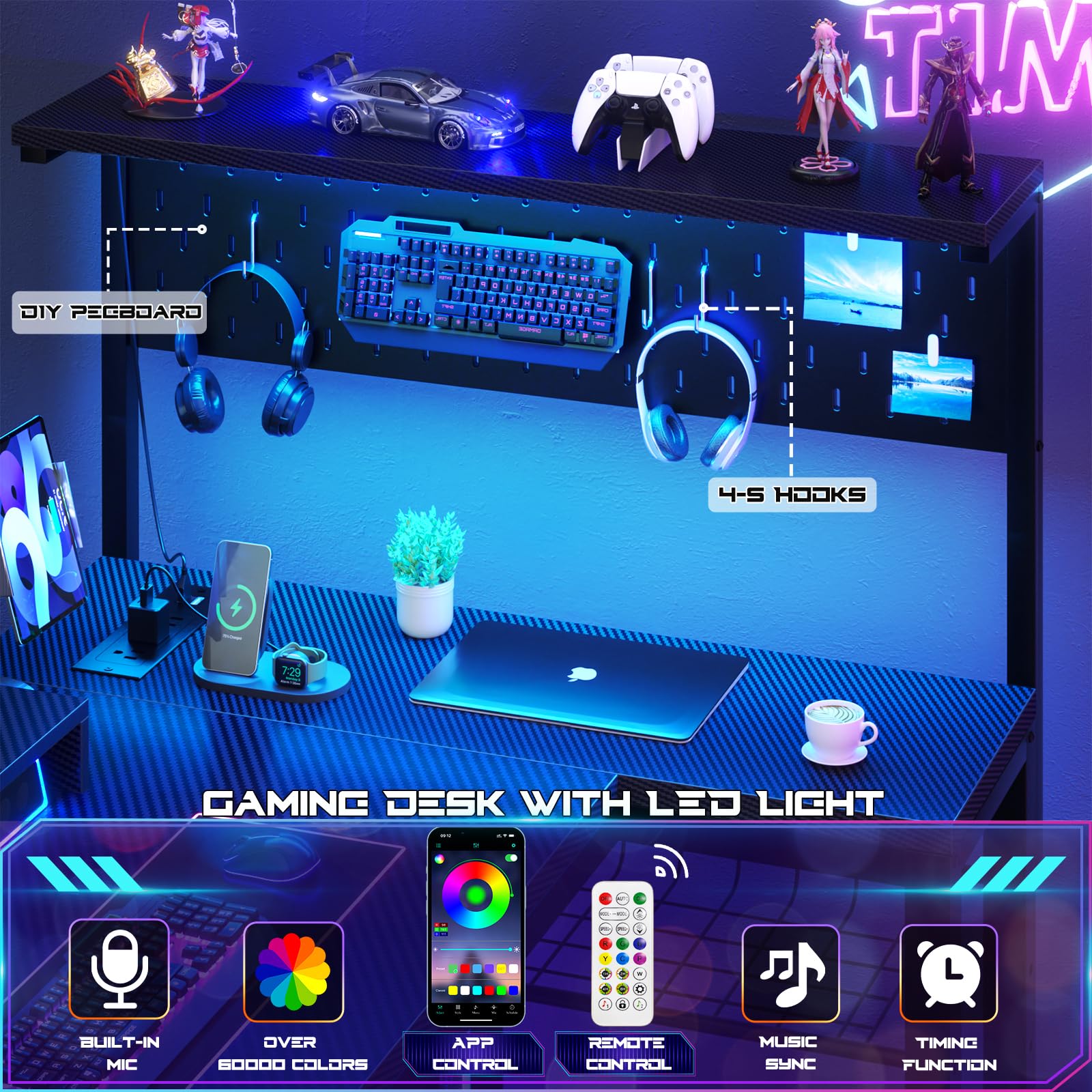 Homieasy 43 Inch L-Shaped Gaming Desk with Power Outlets, LED Light & Pegboard - Carbon Fiber Black Computer Corner Desk with Monitor Stand, Storage Shelves & Headset Hooks - Perfect for Small Spaces, Home Office & Gaming Setup