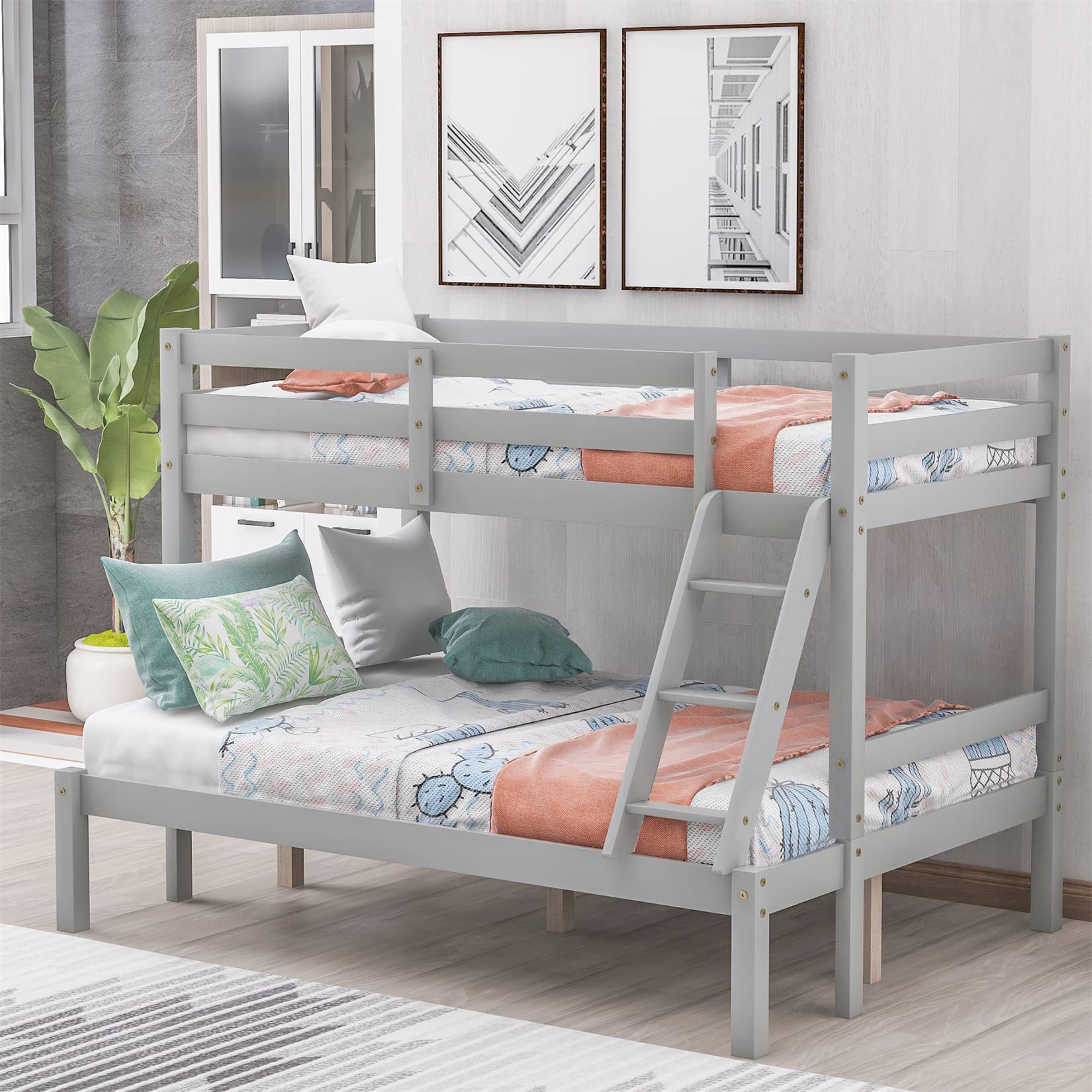 Solid Hardwood Twin Over Full Bunk Bed for Kids with Ladder & Safety Rail - Sturdy Wooden Bunk Beds for Bedroom, Dorm, or Guest Room - Space-Saving Gray Bunk Bed Perfect for Siblings, Sleepovers, and Small Spaces