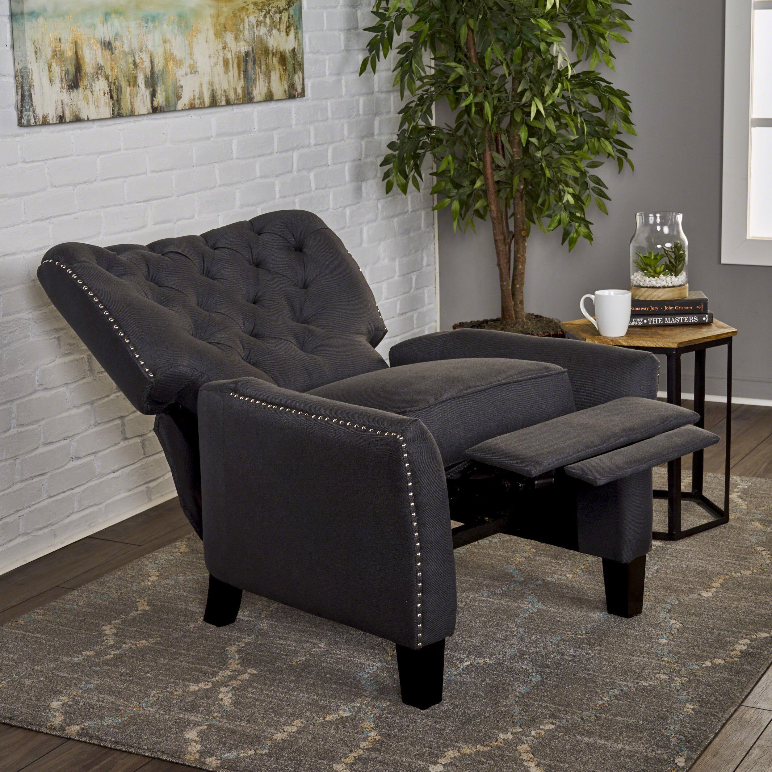 Christopher Knight Home Cerelia Tufted Fabric Recliner - Dark Charcoal/Dark Brown | Comfortable Living Room Chair for Relaxing & Lounging