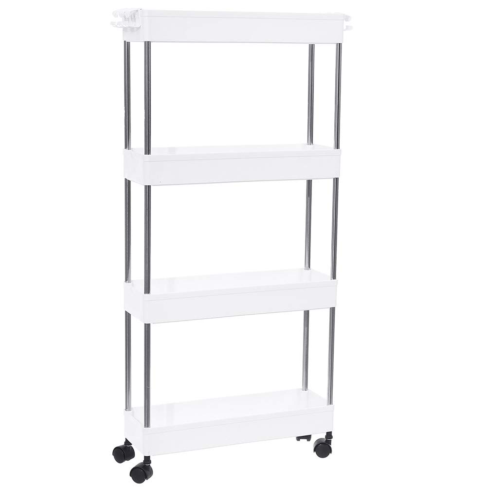 4-Tier Narrow Sliding Storage Organizer Rack - Space-Saving Rolling Cart for Laundry, Bathroom & Kitchen Organization (White) | Perfect for Small Spaces, Closet Storage & Home Organization