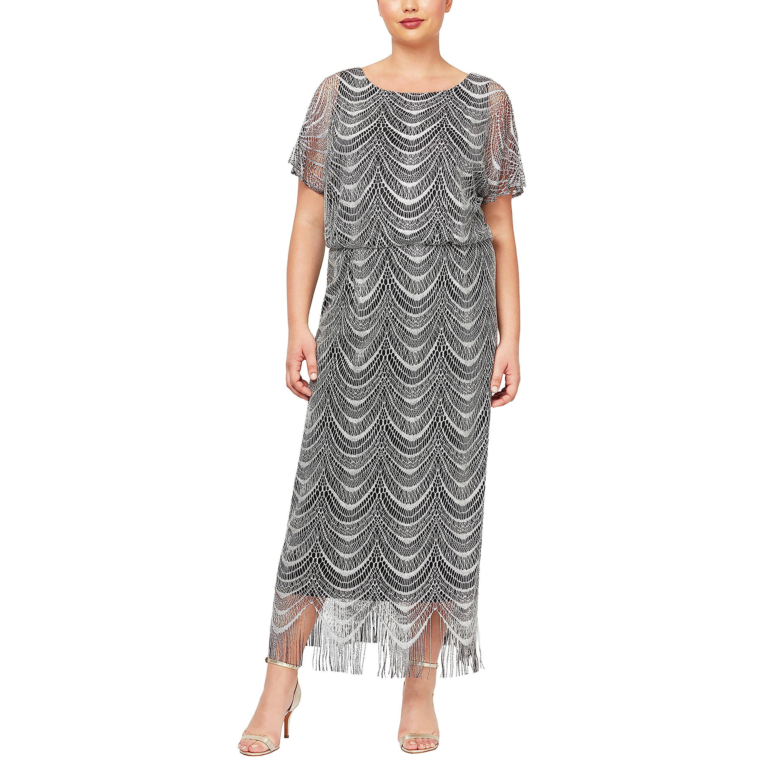 S.L. Fashions Women's Plus Size Metallic Blouson Crochet Dress - Elegant Boho Chic Party & Wedding Guest Outfit for Curvy Women