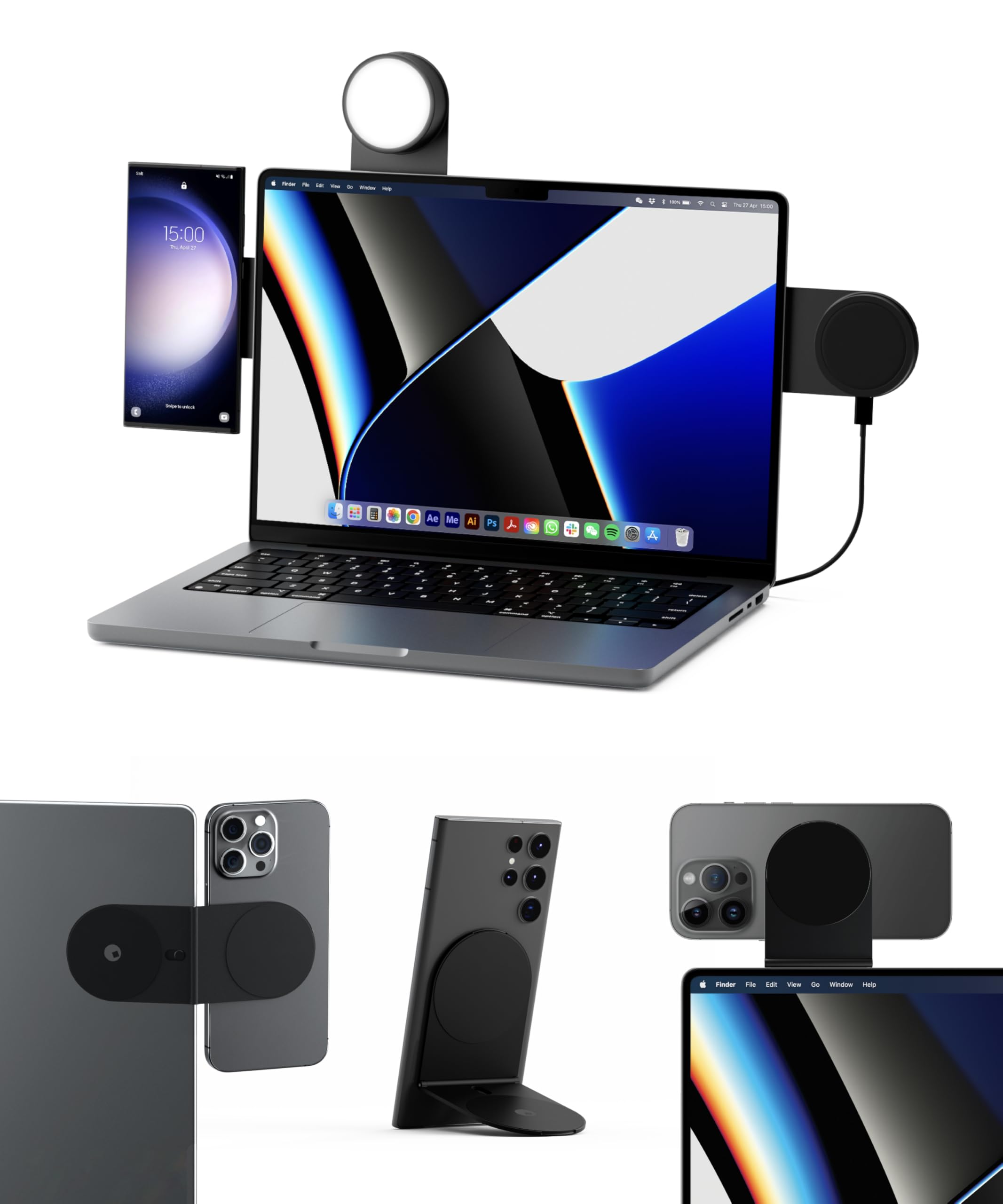 Rolling Square Edge Pro Full Kit - Magnetic Phone Mount Holder with Stand, Wireless Charger & 1000 Lumen LED Light (Black) | Perfect for Car, Office & Home Use