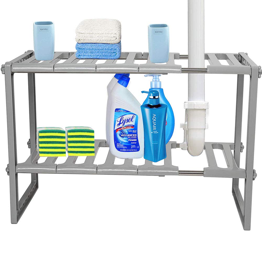 YOKEPO 2-Tier Under Sink Expandable Shelf Organizer Rack - Adjustable Kitchen & Bathroom Storage Shelves (15-3/8