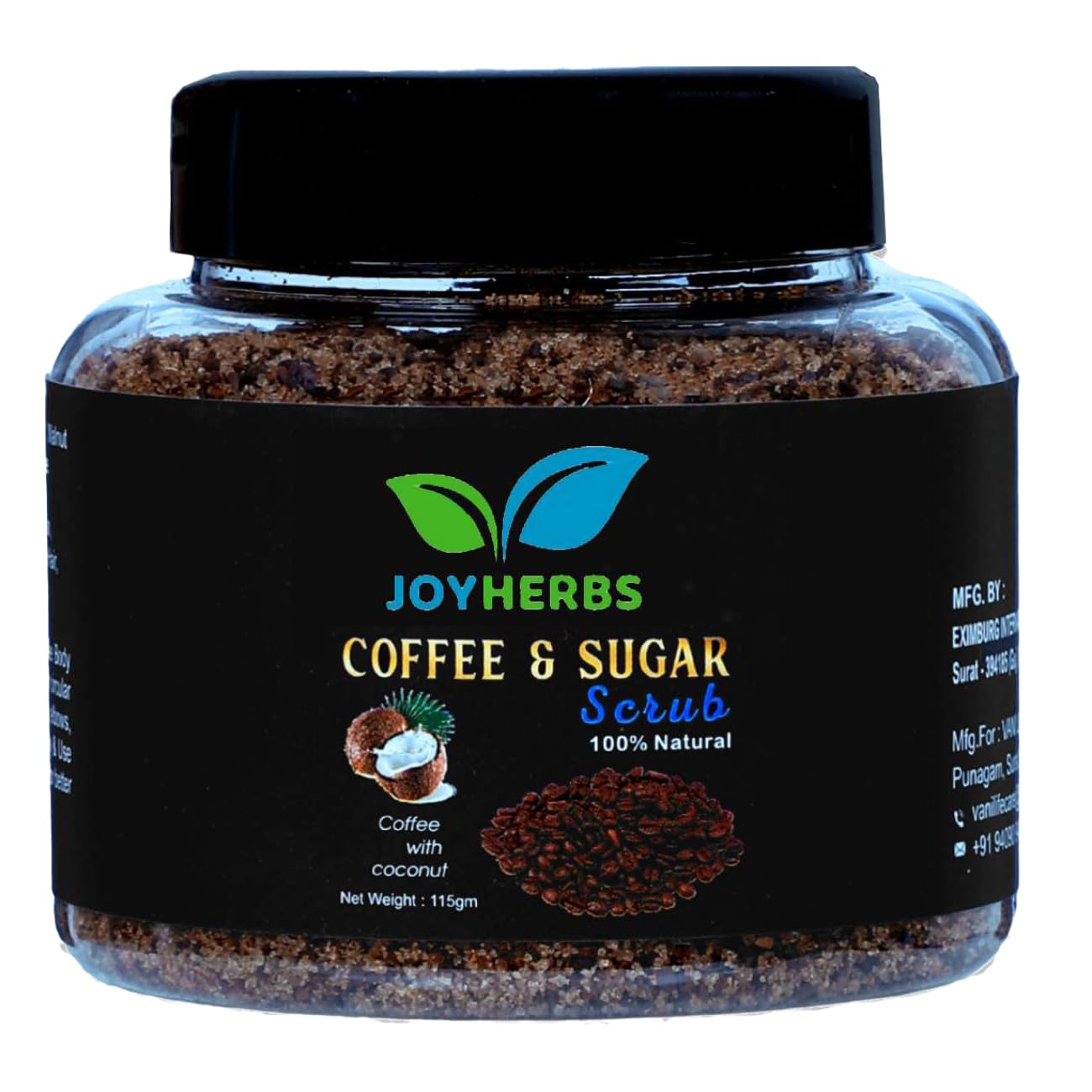 JOYHERBS Coffee Sugar Body Scrub with Coconut Oil, Walnut & Rock Salt - Exfoliating & Detanning Scrub for Soft, Smooth & Glowing Skin - 100% Vegan, Paraben-Free (115g) - Perfect for Spa Day, Self-Care Routine & Gift Giving