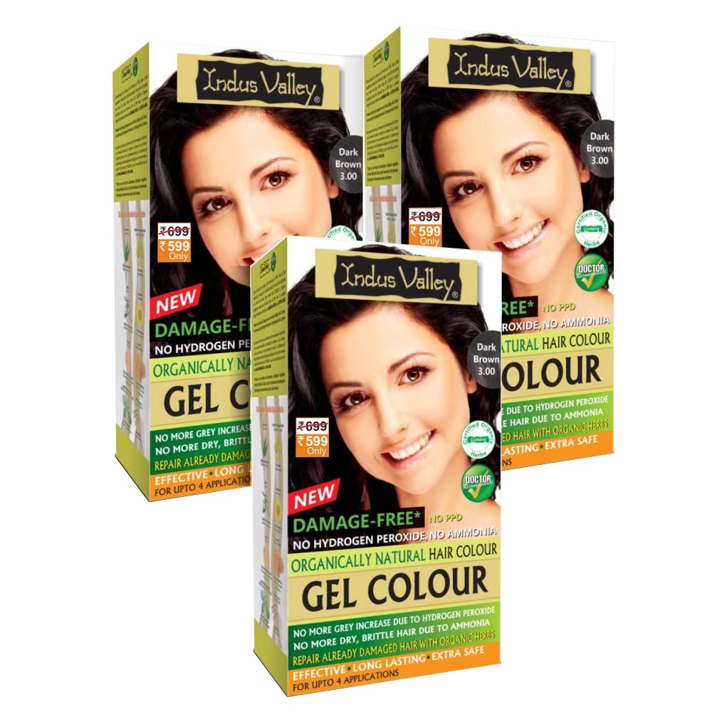 INDUS VALLEY Ammonia & PPD Free Organic Hair Color for Women - 100% Grey Coverage Natural Gel Hair Dye | Long Lasting Conditioning Hair Color in Dark Brown 3.00 (220ml, Pack of 3) | Perfect for At-Home Hair Coloring, Salon-Quality Results, and Gentle on Sensitive Scalps